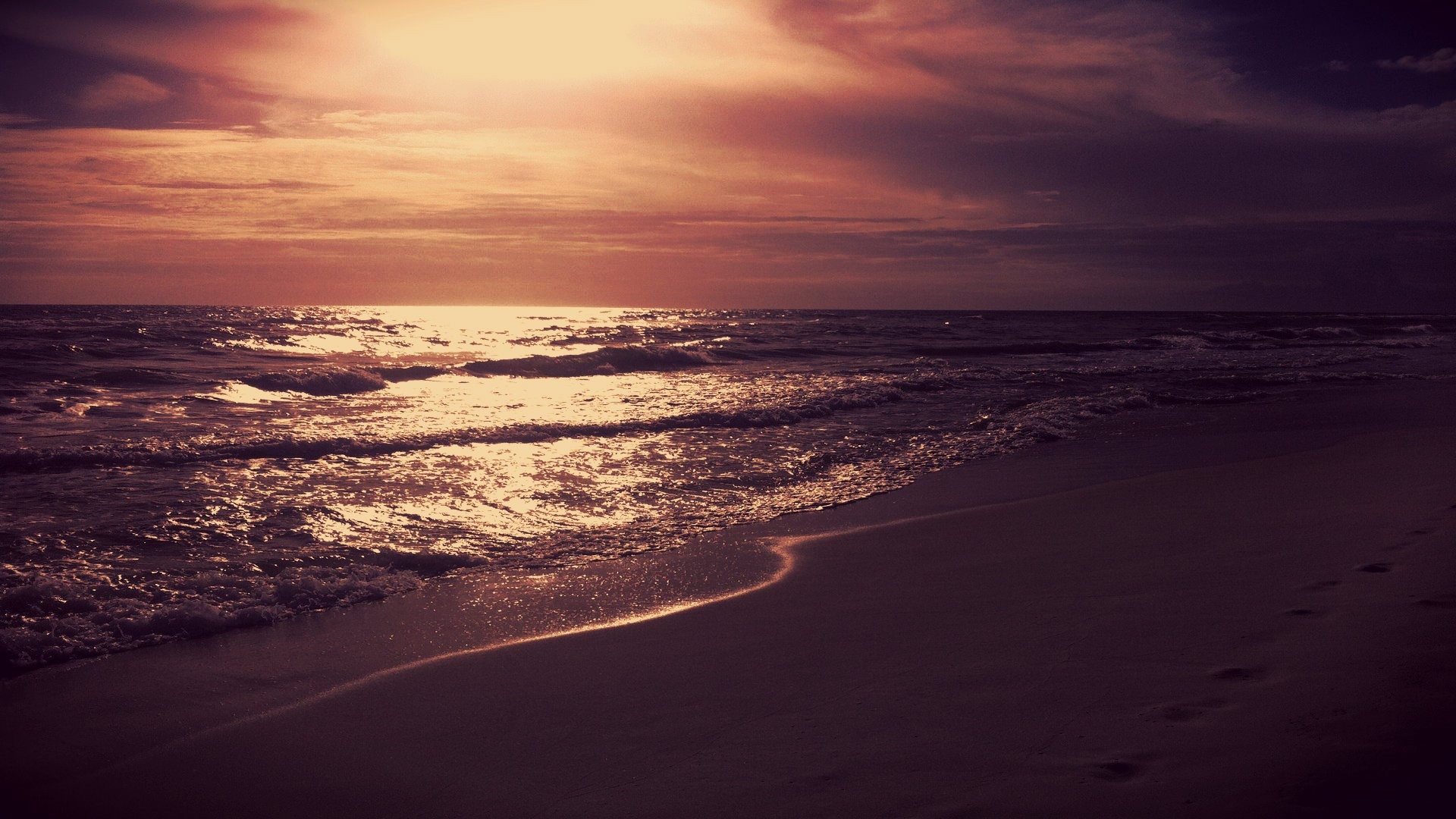 Download Wallpaper 1920x1080 sea, night, sunset, light, foam, shore Full HD 1080p HD Background
