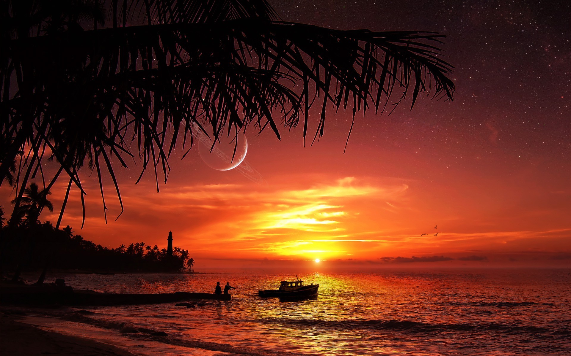 Wallpaper, sunset, sea, night, beach, sunrise, evening, morning, horizon, dusk, Red sun, dawn, ocean, 1920x1200 px, afterglow 1920x1200