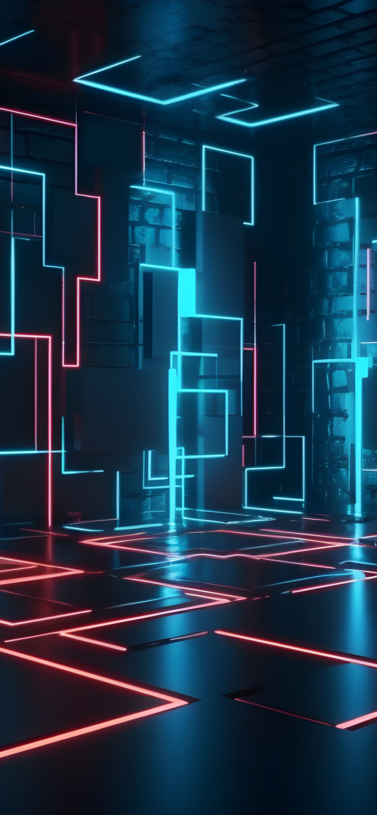 Futuristic Wallpaper 4K, Dark room, Neon Lights, Geometric