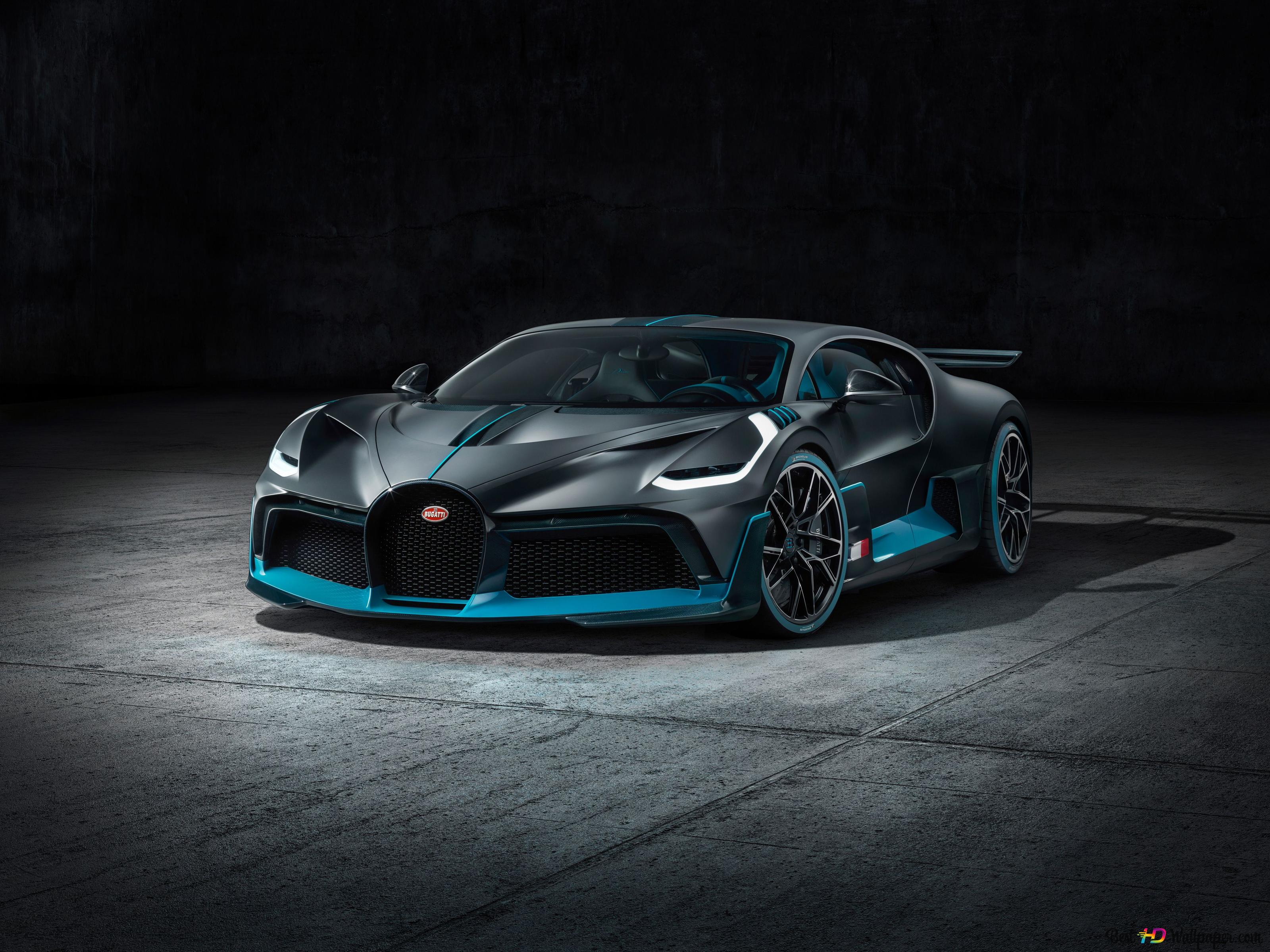 Bugatti sports car with steel wheels in blue and black on a light gray background 4K wallpaper download