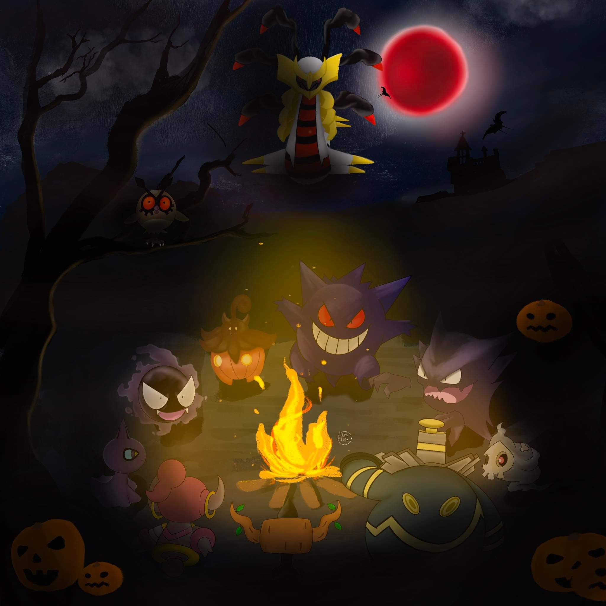 Halloween ritual in the Poke' world. As the Halloween season is upon us, here's my latest illustration of ghost type Pokemons dancing around the campfire and partying in joy. 4026x4026 px size