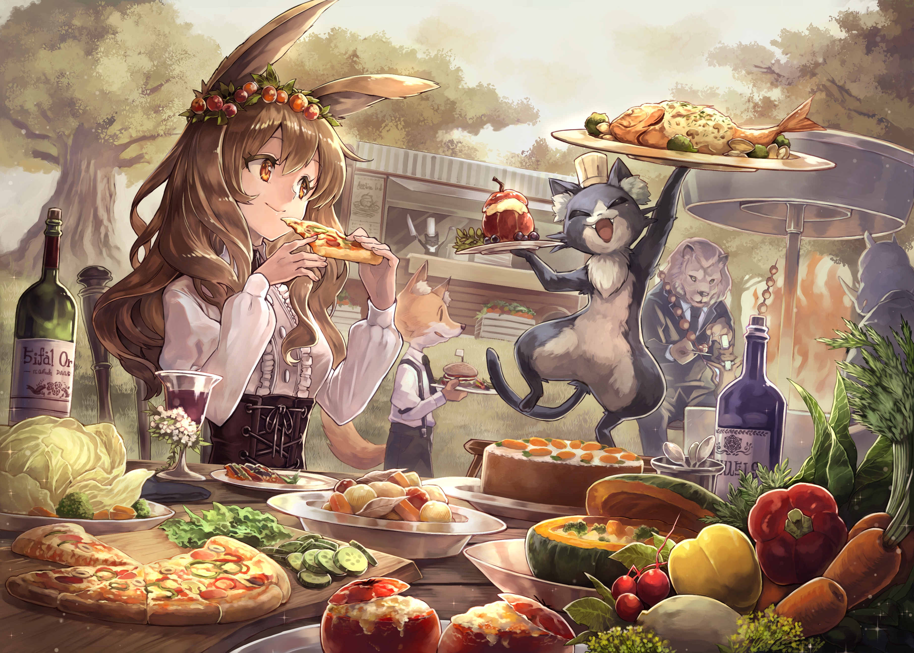 Wallpaper cute anime girl, feast, pizza, fruits, vegetables, cute creature, animal ears picture on Fonwall