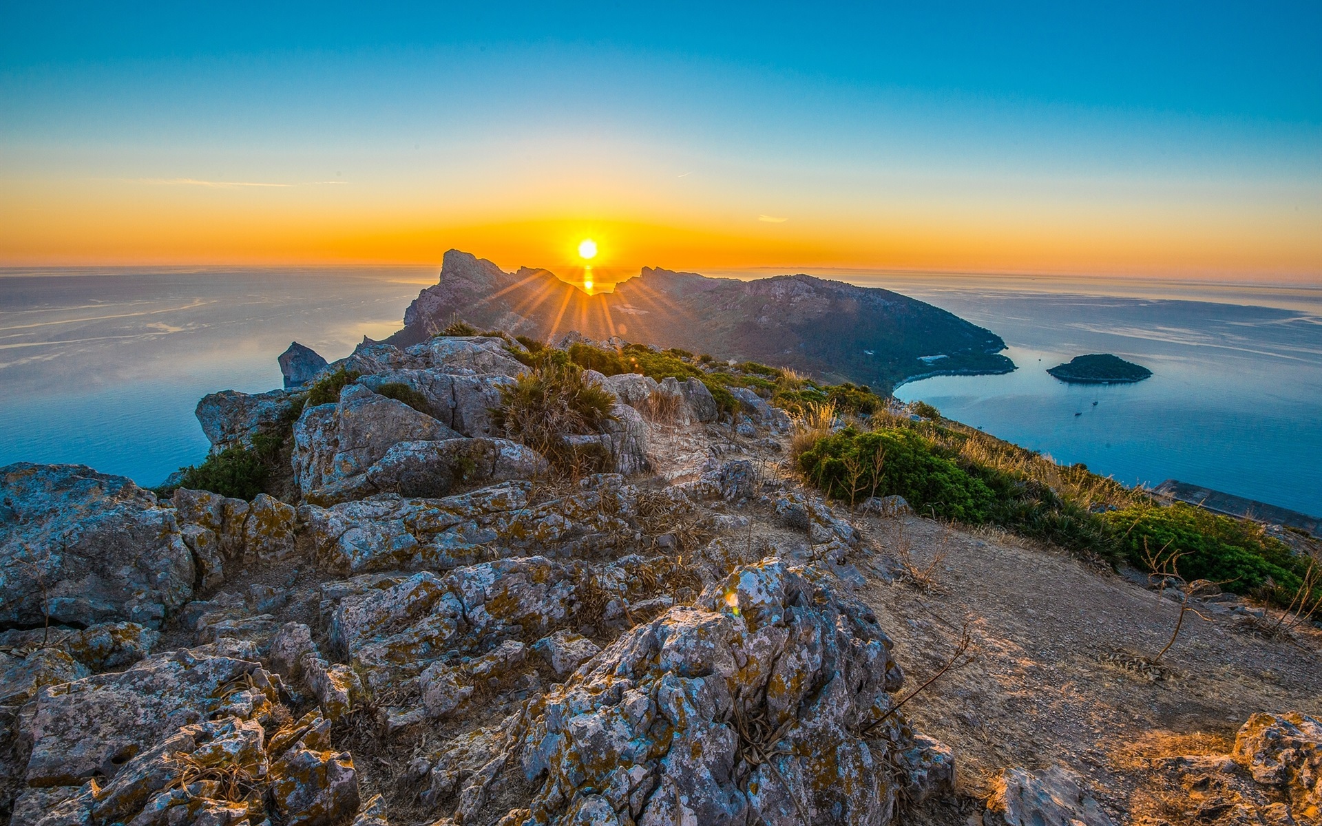 Wallpaper Mediterranean Sea, Spain, Majorca, mountains, sea, sunrise 1920x1200 HD Picture, Image