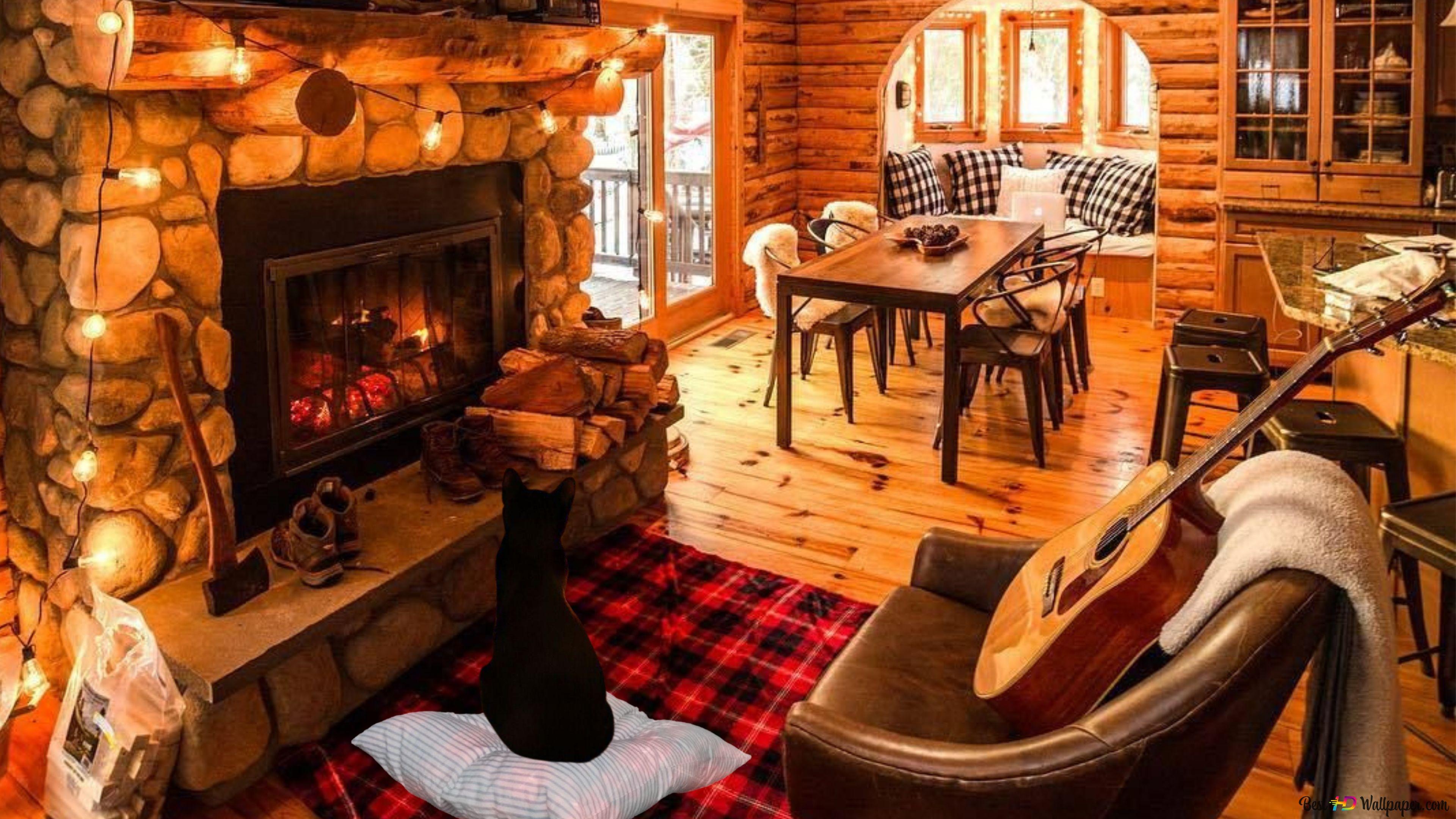 Relaxing Fireplace during winter 4K wallpaper download
