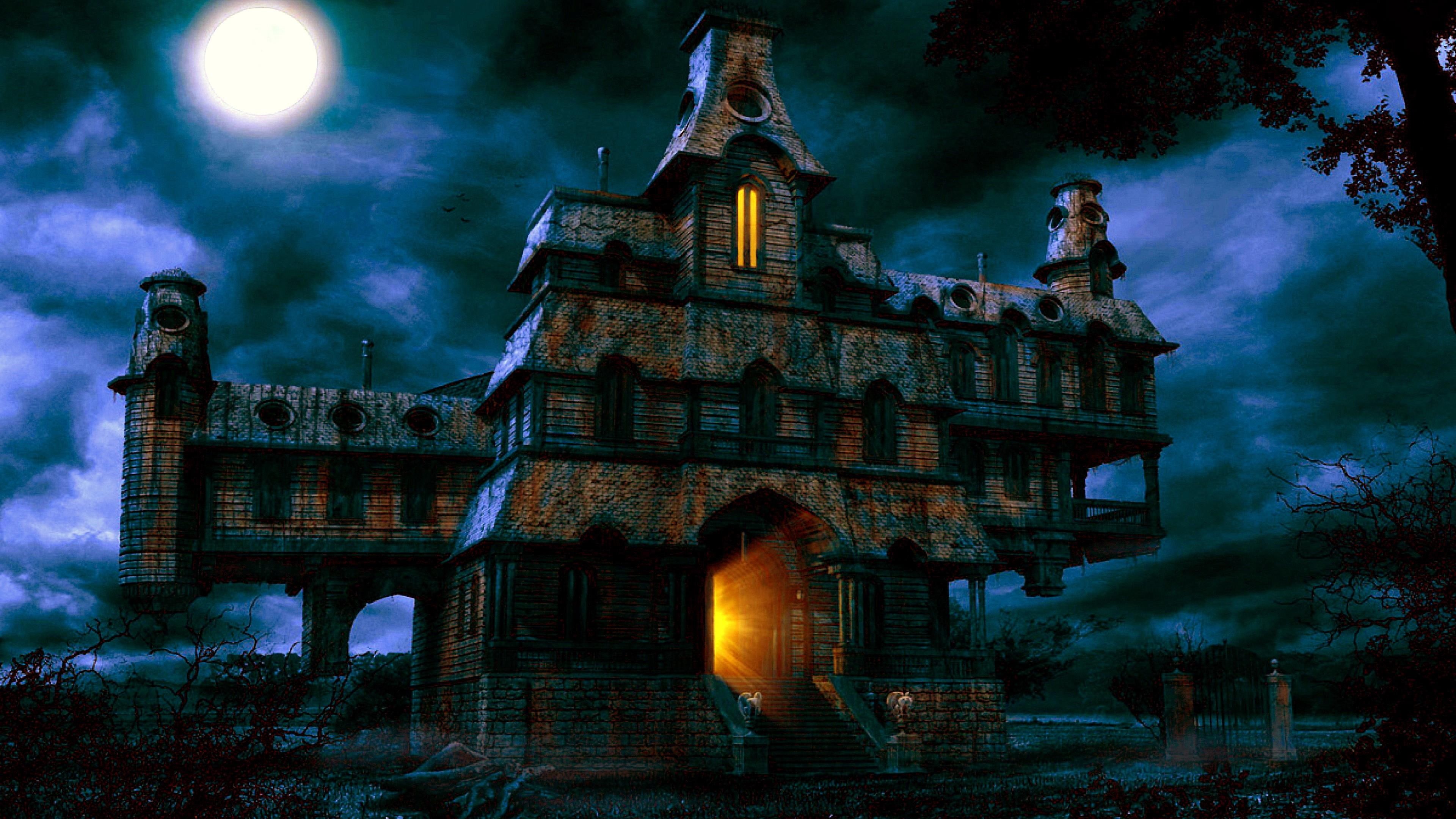 Wallpaper / nigh sky, halloween, haunted house, haunted, house, 4K, full moon, fantasy art, abandoned, moonlight, creepy, night, darkness, moon free download