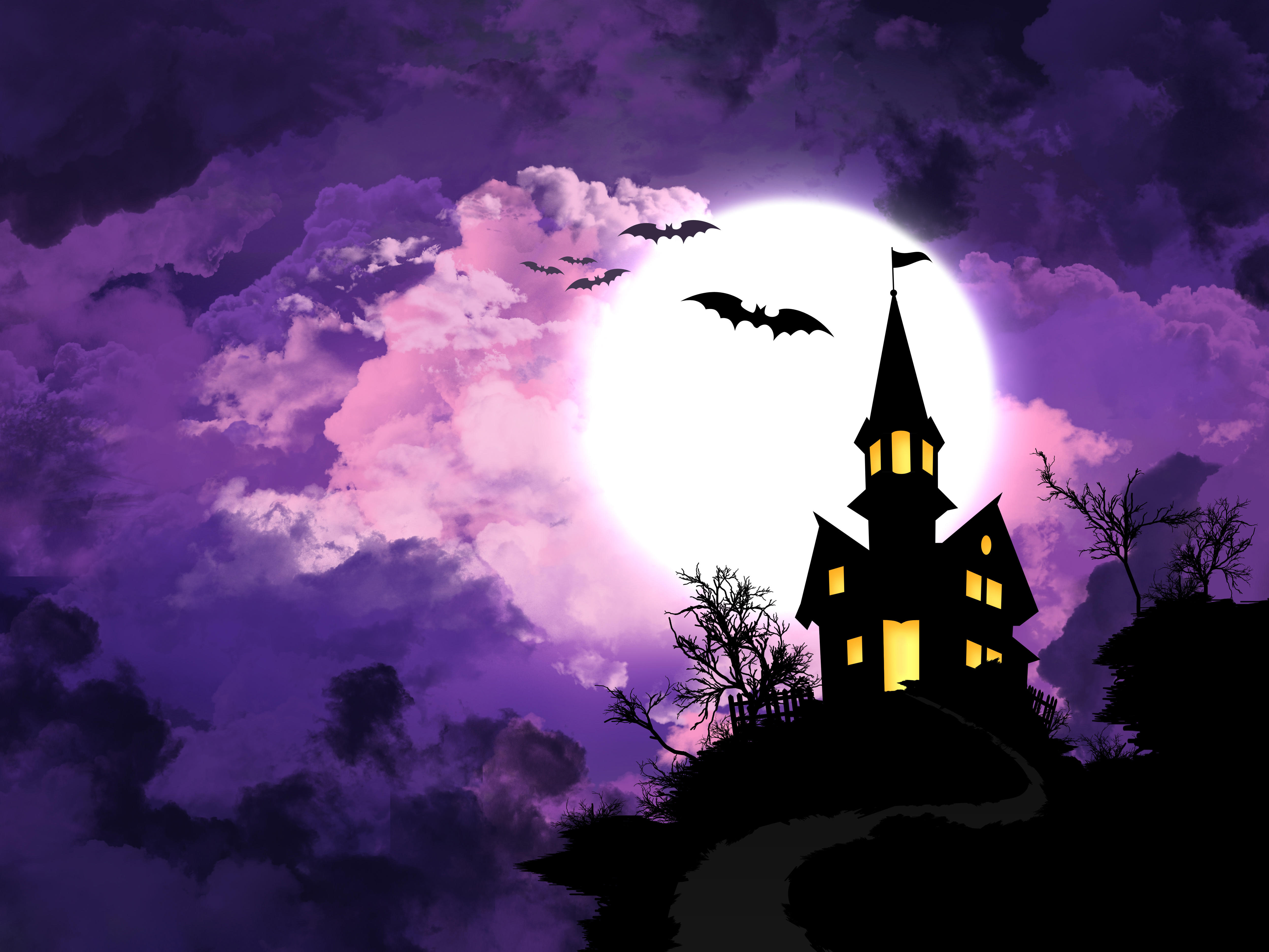 4K, Moon, Haunted House, Bats Gallery HD Wallpaper