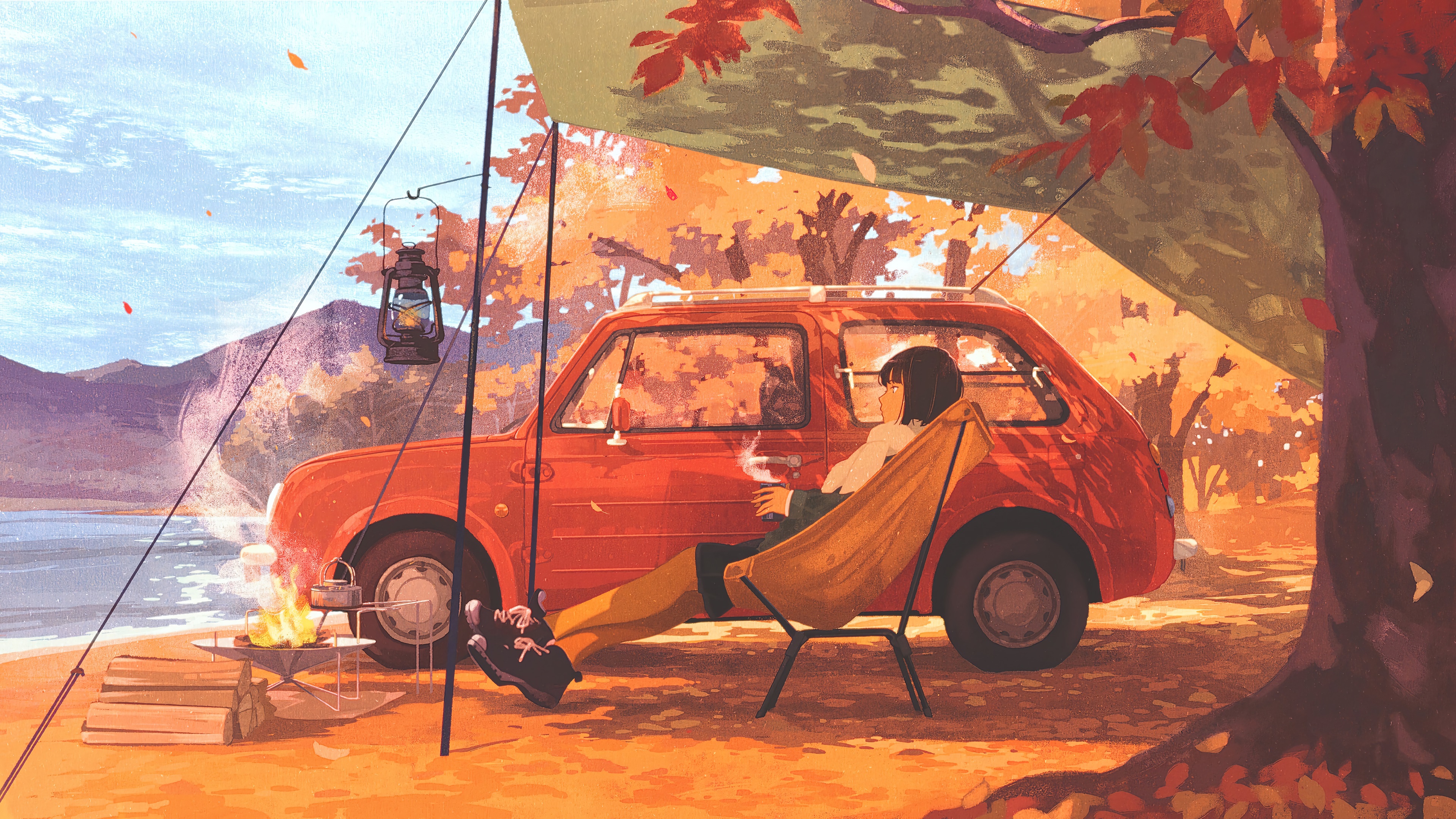 camping, autumn, anime, girl, art, 4k, HD Wallpaper