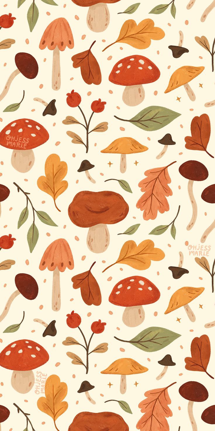 Small, Mushrooms and Leaves Fabric. Soyut resim, Arkaplan tasarımları, Illüstrasyon posterleri