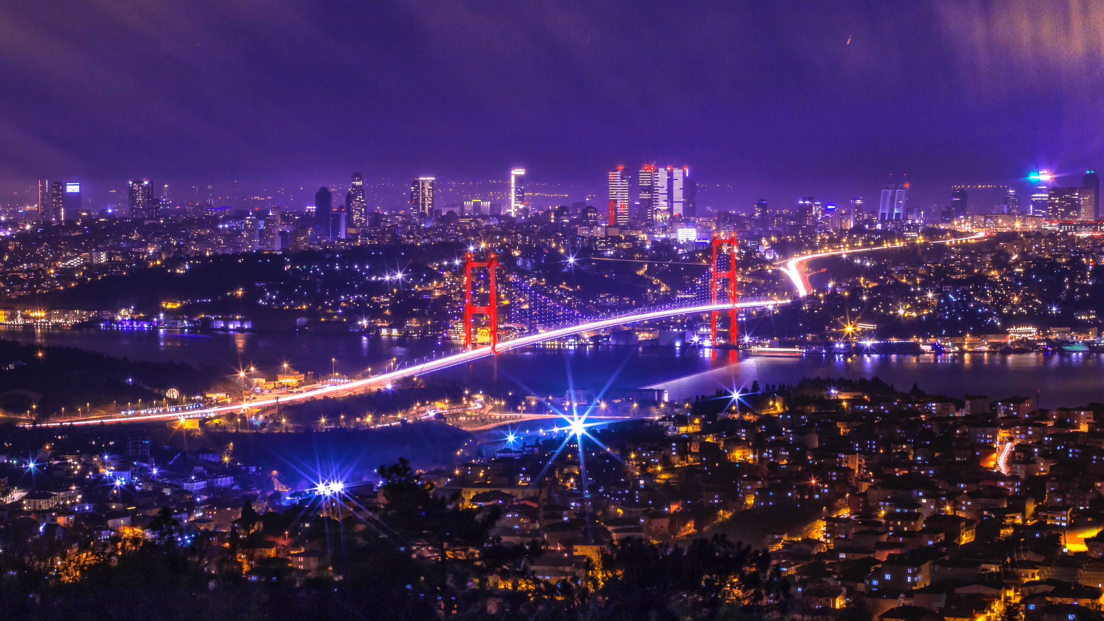 Download wallpaper 3840x2160 night city, city lights, bridge, aerial view, turkey 4k uhd 16:9 HD background