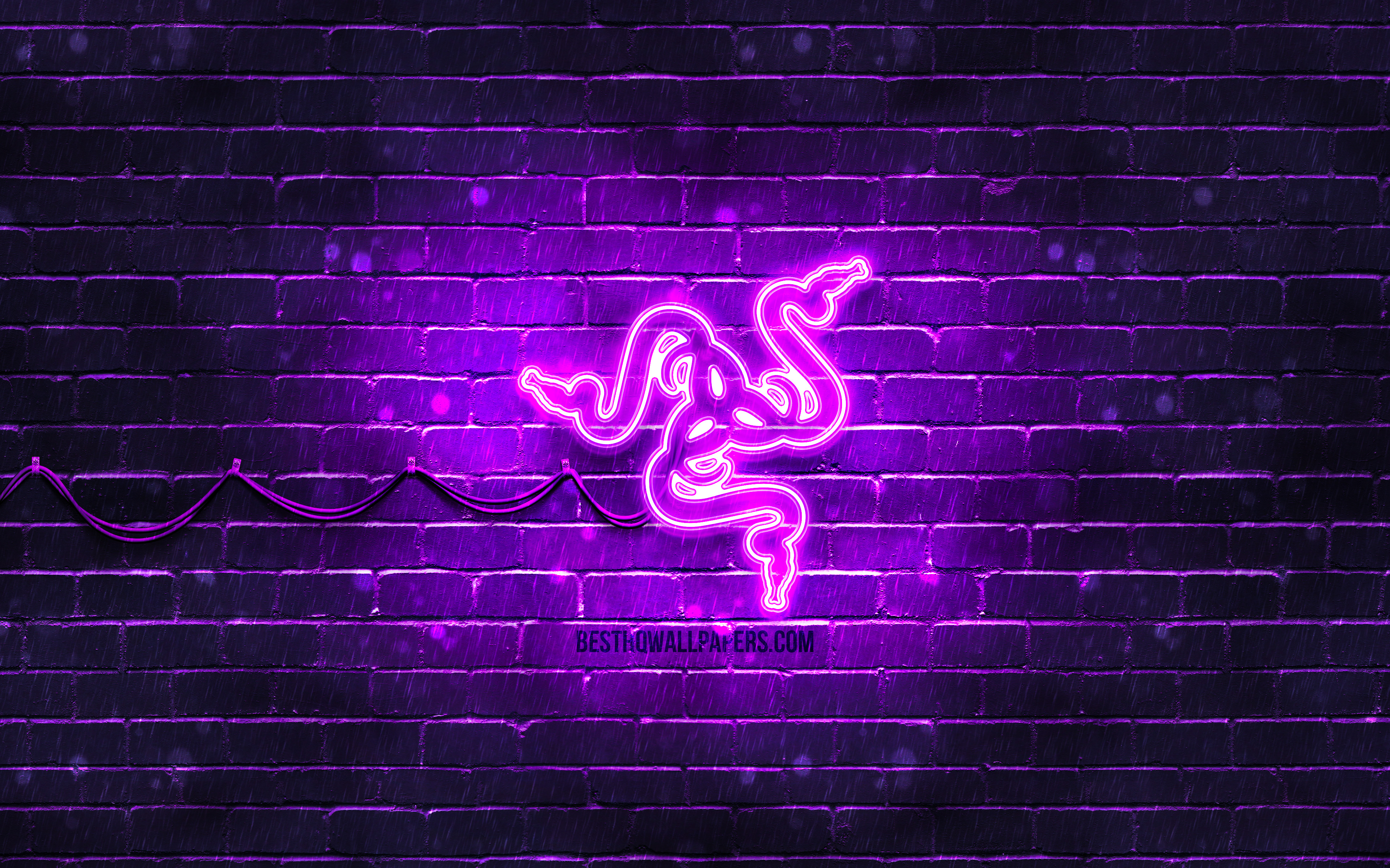 Download wallpaper Razer violet logo, 4k, violet brickwall, Razer logo, brands, Razer neon logo, Razer for desktop with resolution 3840x2400. High Quality HD picture wallpaper