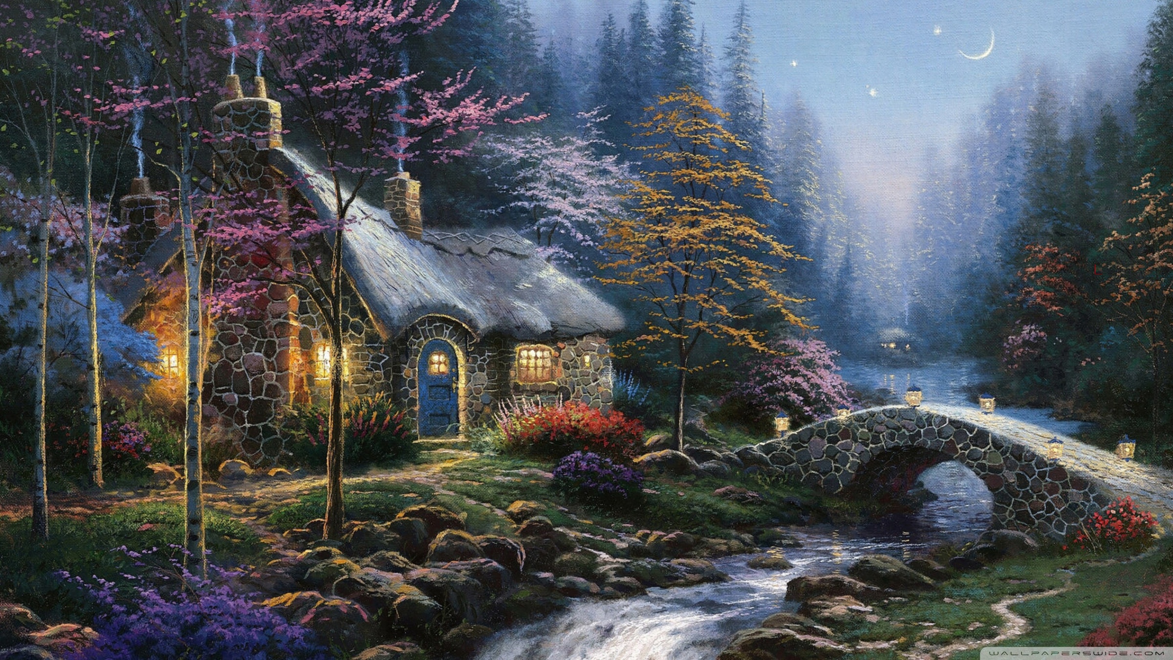 Forest Cottage Spring Painting Ultra HD