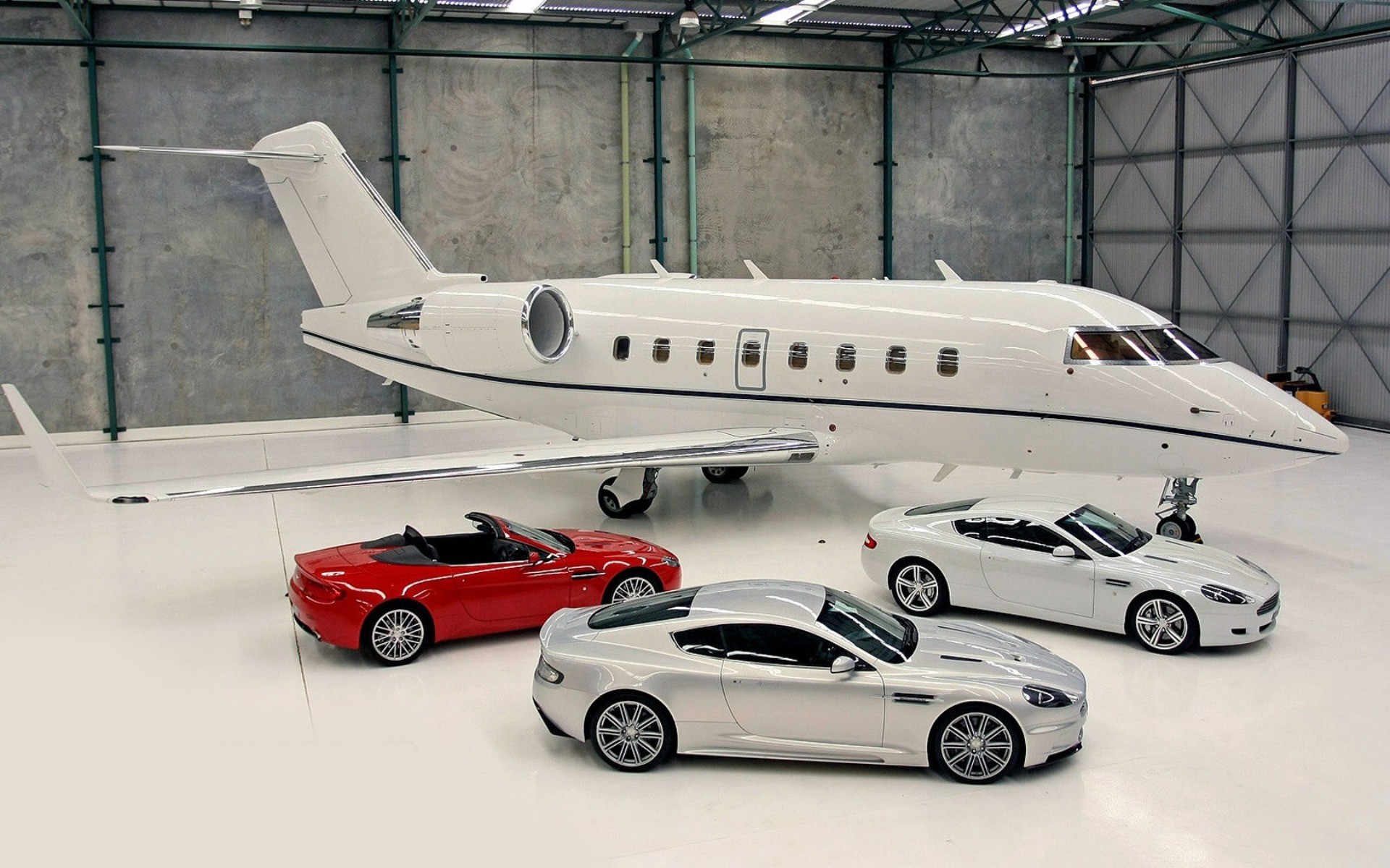 Wallpaper, airplane, sports car, scale model, jet fighter, Aston Martin, Aston Martin DBS, hangar, Aston Martin DB9 Volante, Aston Martin V8 Vantage, aviation, airline, automotive design, automotive exterior, automobile make, model