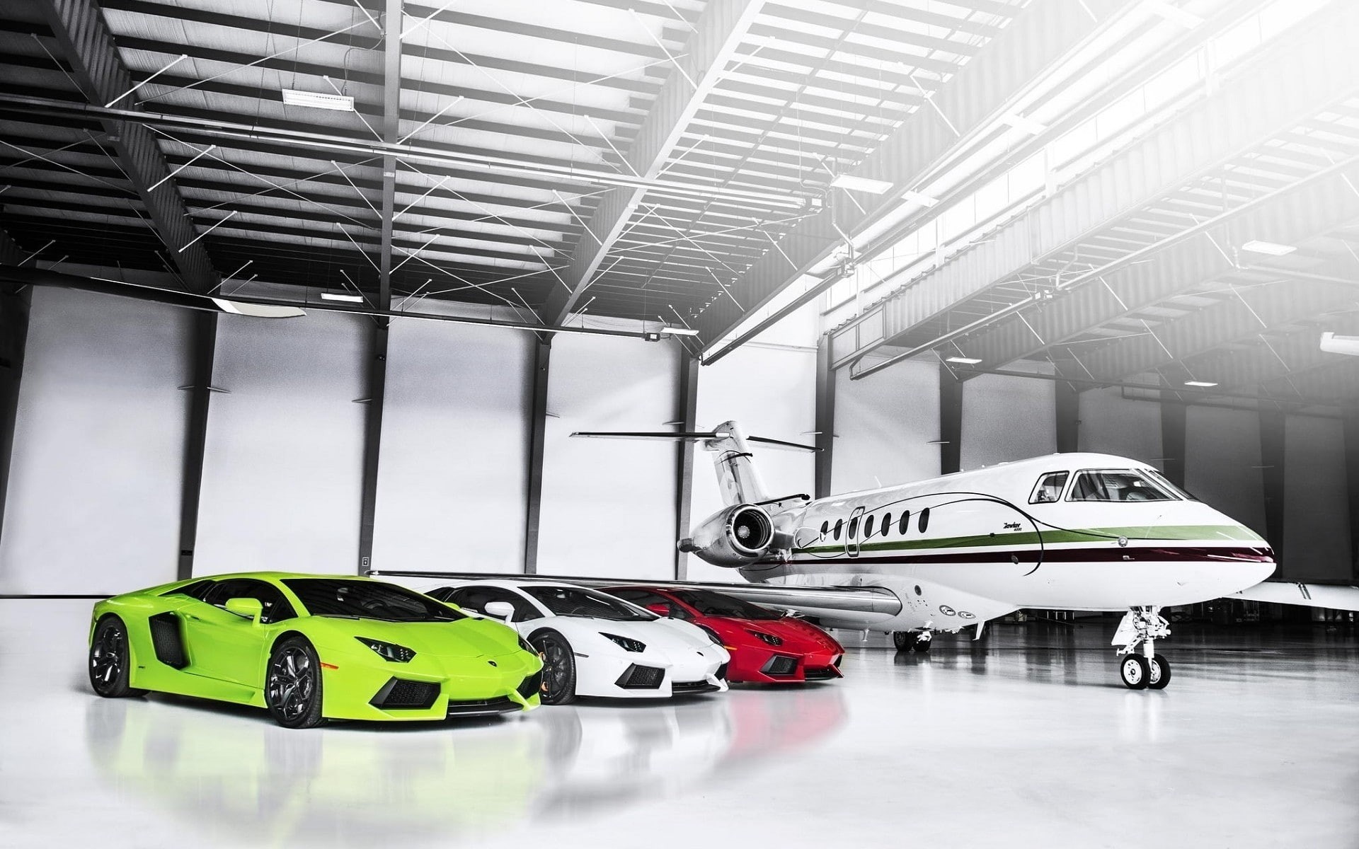 Wallpaper / 1080P, airplane, luxury, sport cars, private, garage, plane, muscle cars free download