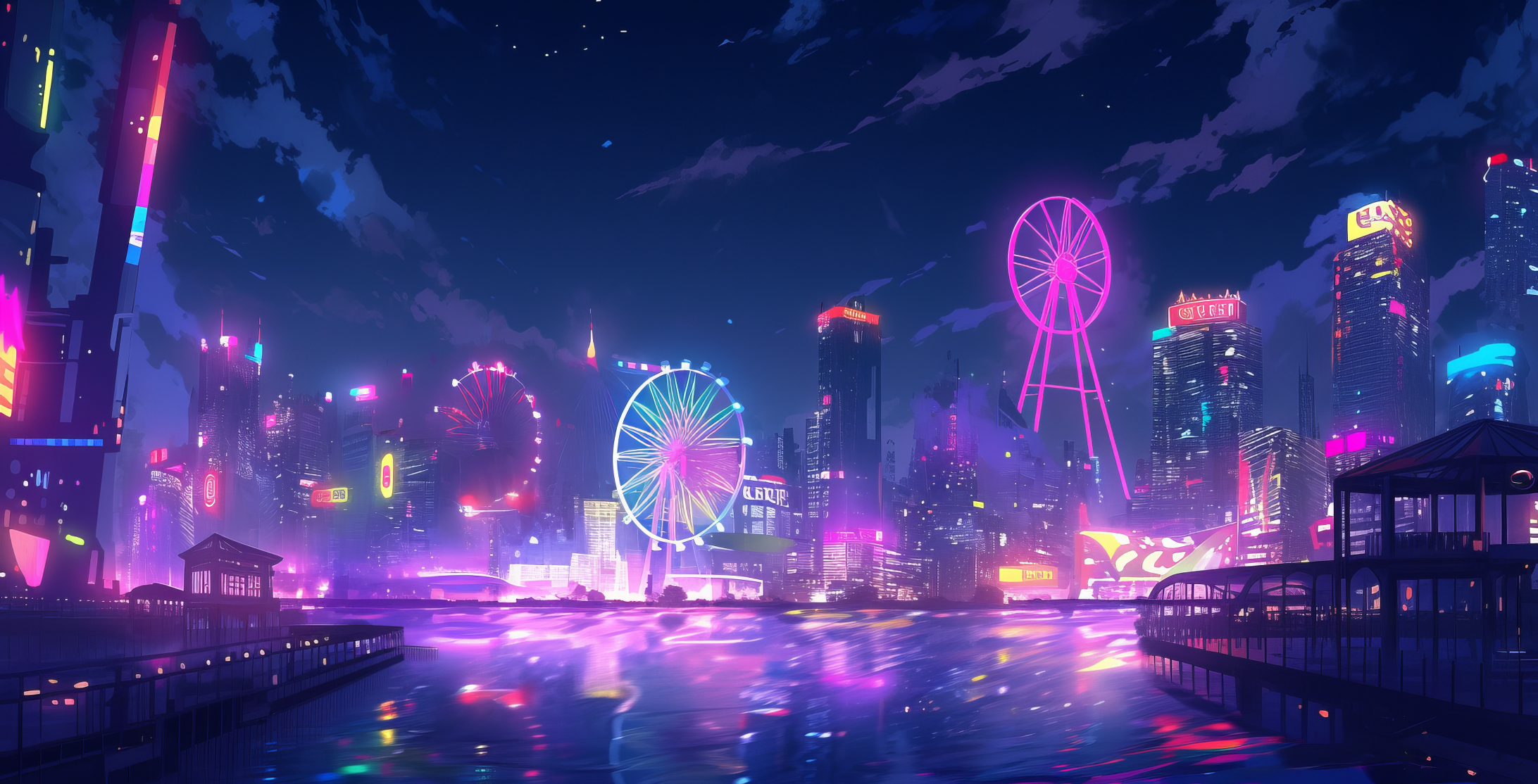 Neon Night City Landscape Cyberpunk Wallpaper