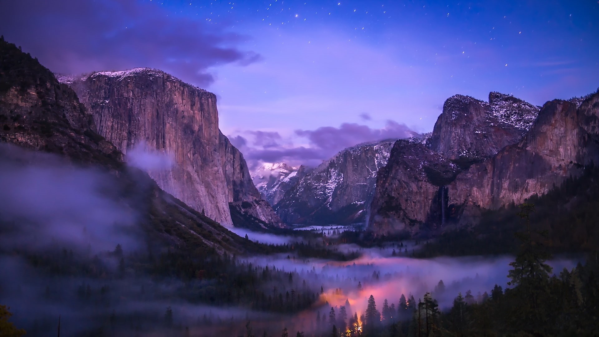Wallpaper / mountains, fog, sky, winter, wallpaper, valley, national, star, 1080P, landscape, snow, pine, california, yosemite, fire, rocky, hd, park, forest, night free download