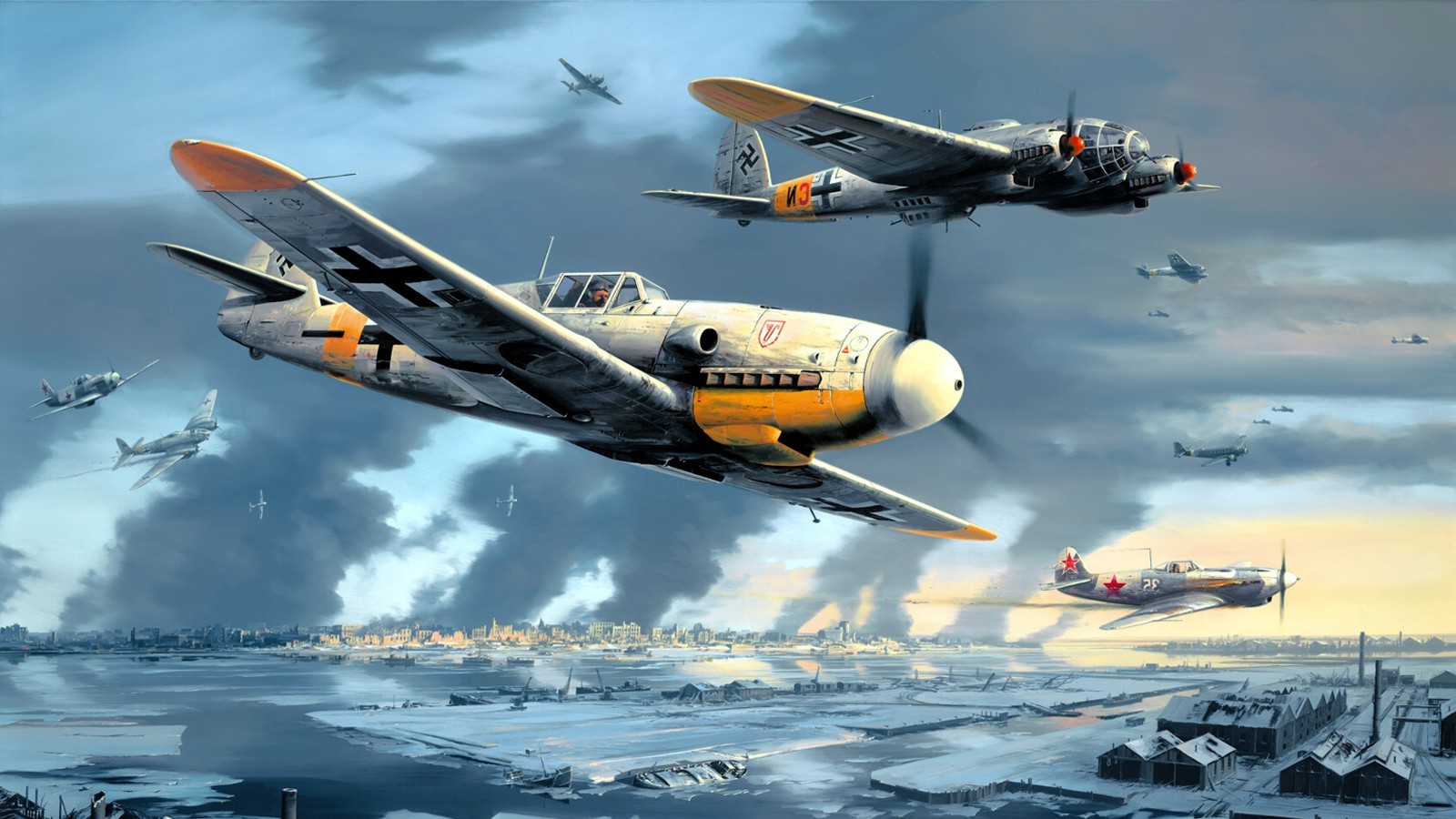 Wallpaper, artwork, airplane, Germany, military aircraft, North American P 51 Mustang, World War II, Bomber, Messerschmitt Bf 109, Supermarine Spitfire, air force, Luftwaffe, Heinkel He 111, He 111, Flight, aviation, airline