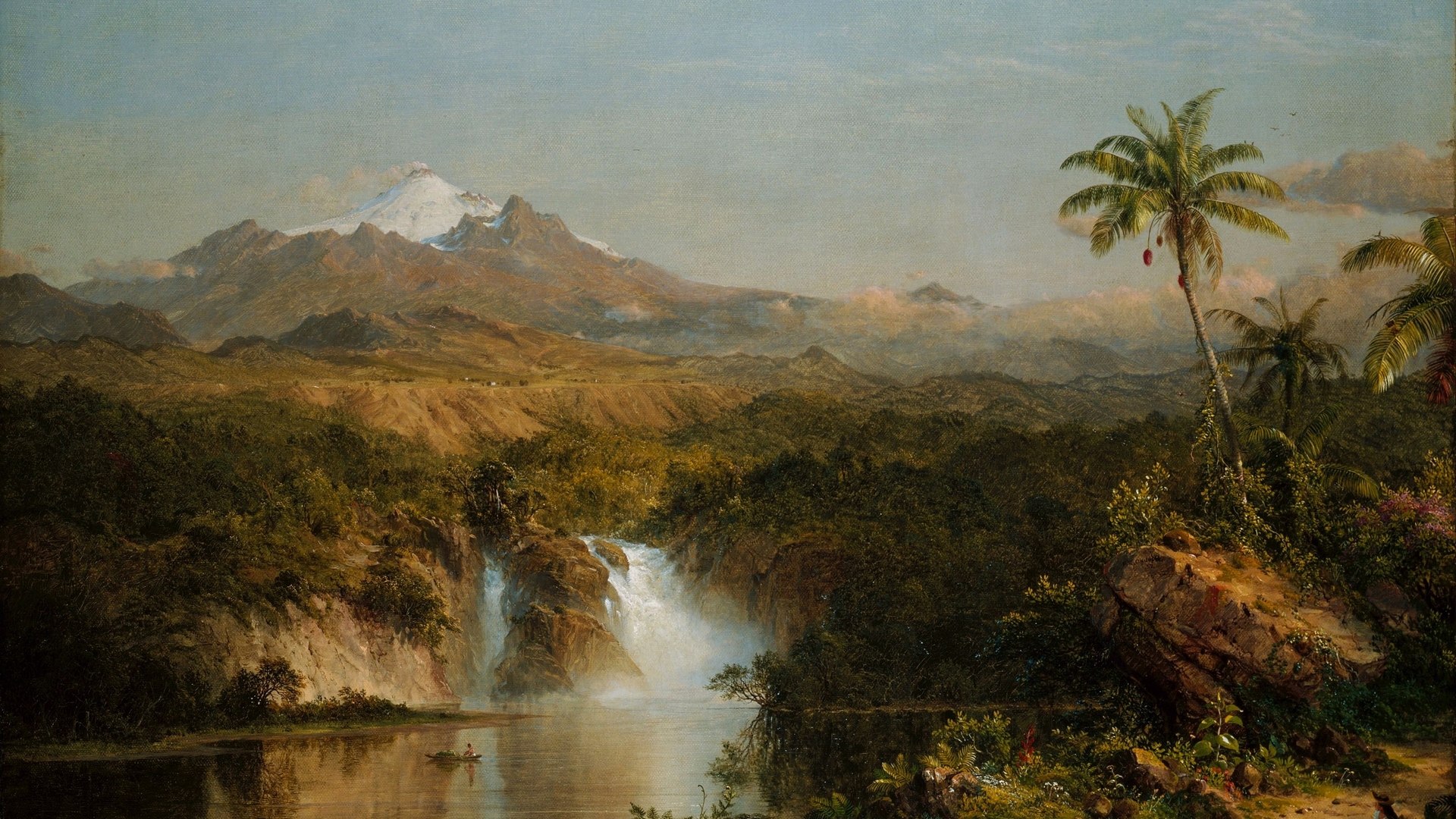 Wallpaper / art, frederic edwin church, luminos, painting, waterfall, pictura, view of cotopaxi, palm tree free download