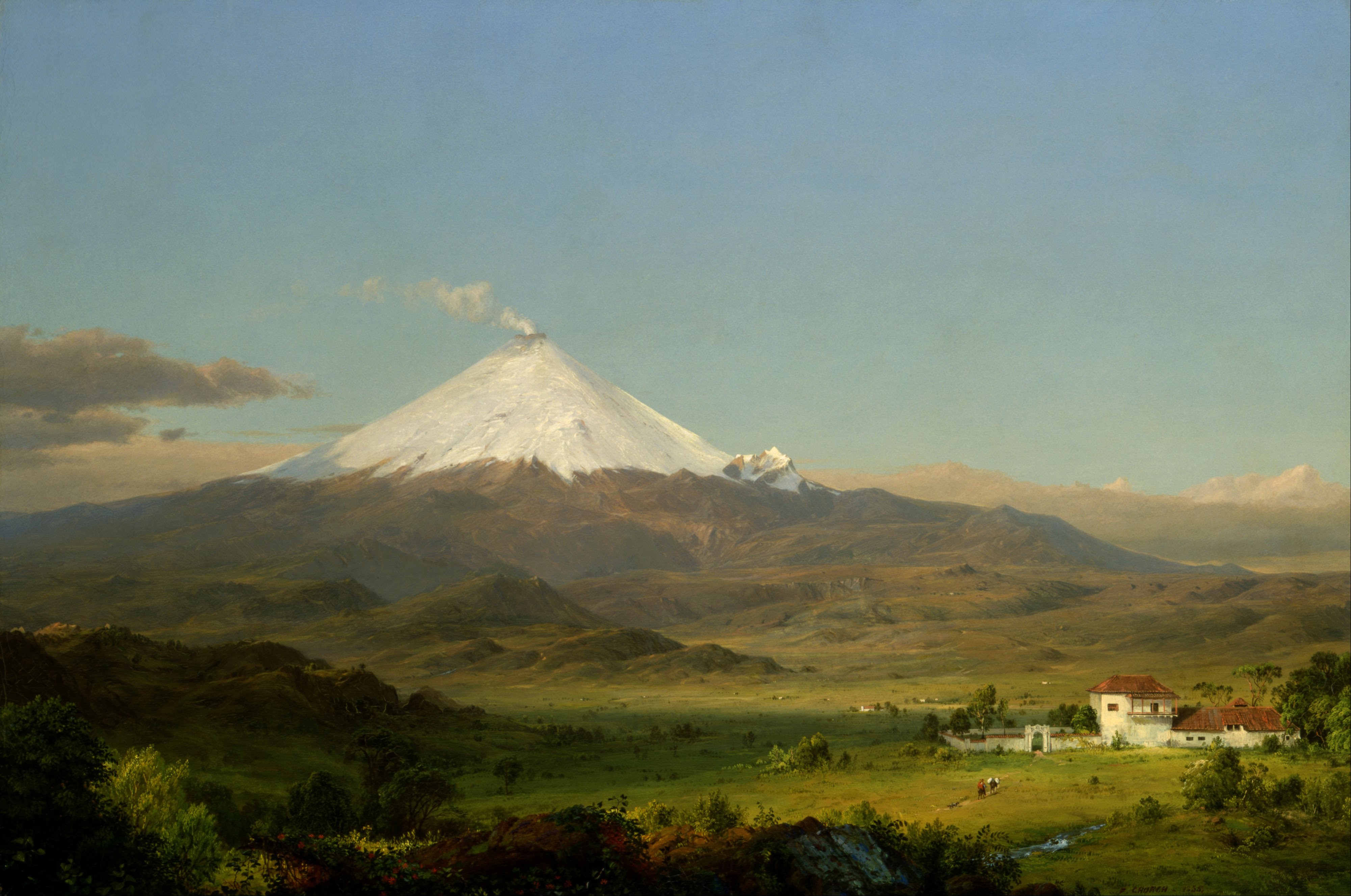 artwork classic art painting landscape nature trees mountains snowy peak frederic edwin church ecuador cotopaxi volcano house wallpaper