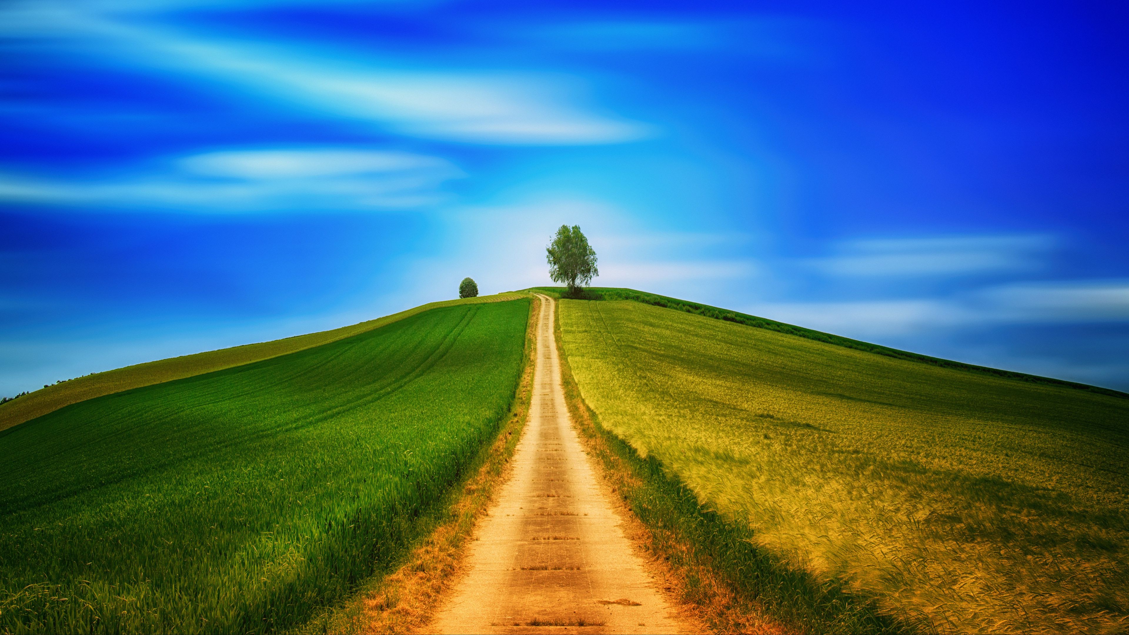 Wallpaper / field, grass, summer, road, sky, hill, 4k free download