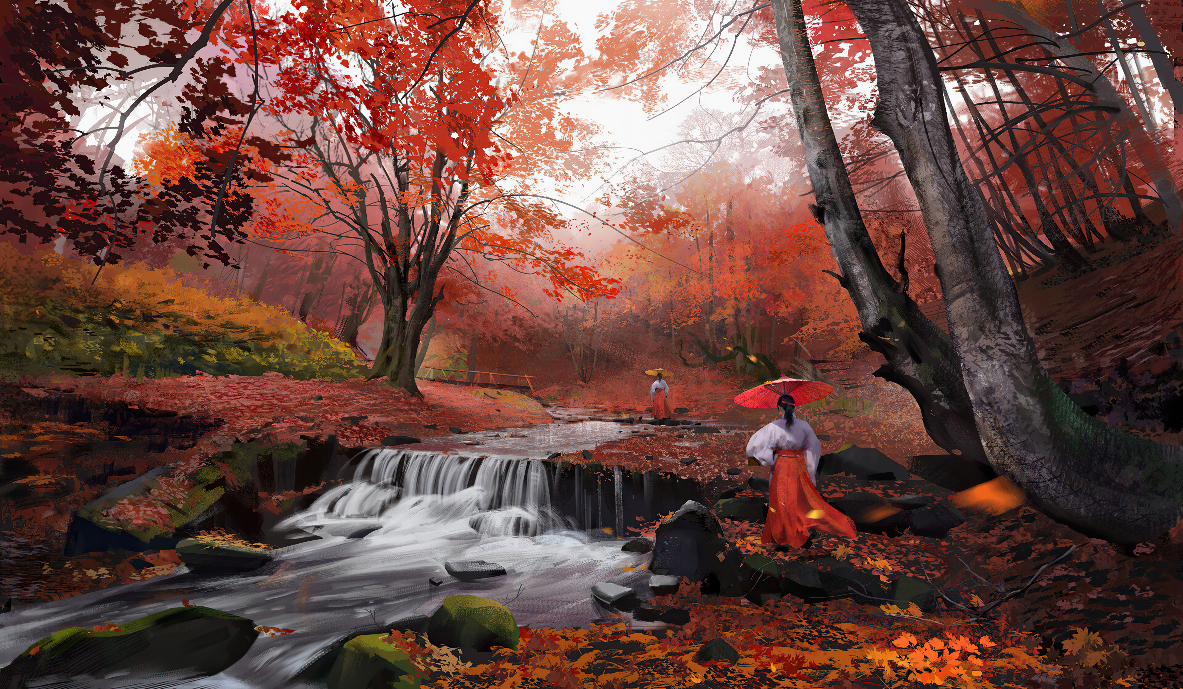 Ancient Asian Girls Morning Walk In Autumn 4k, HD Artist, 4k Wallpaper, Image, Background, Photo and Picture
