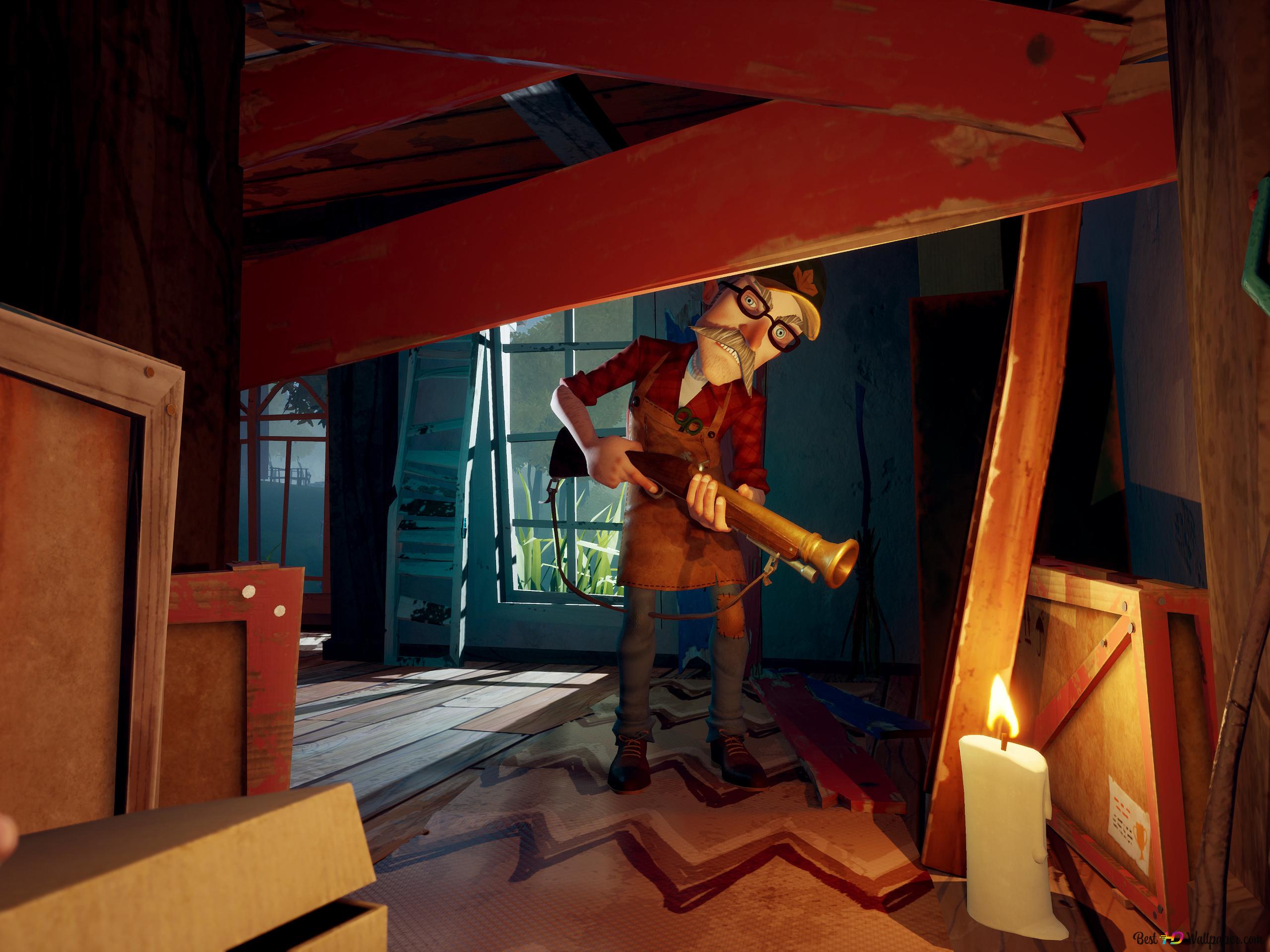 Image of old man holding gun in hello neighbor 2 videogame series wooden house 4K wallpaper download