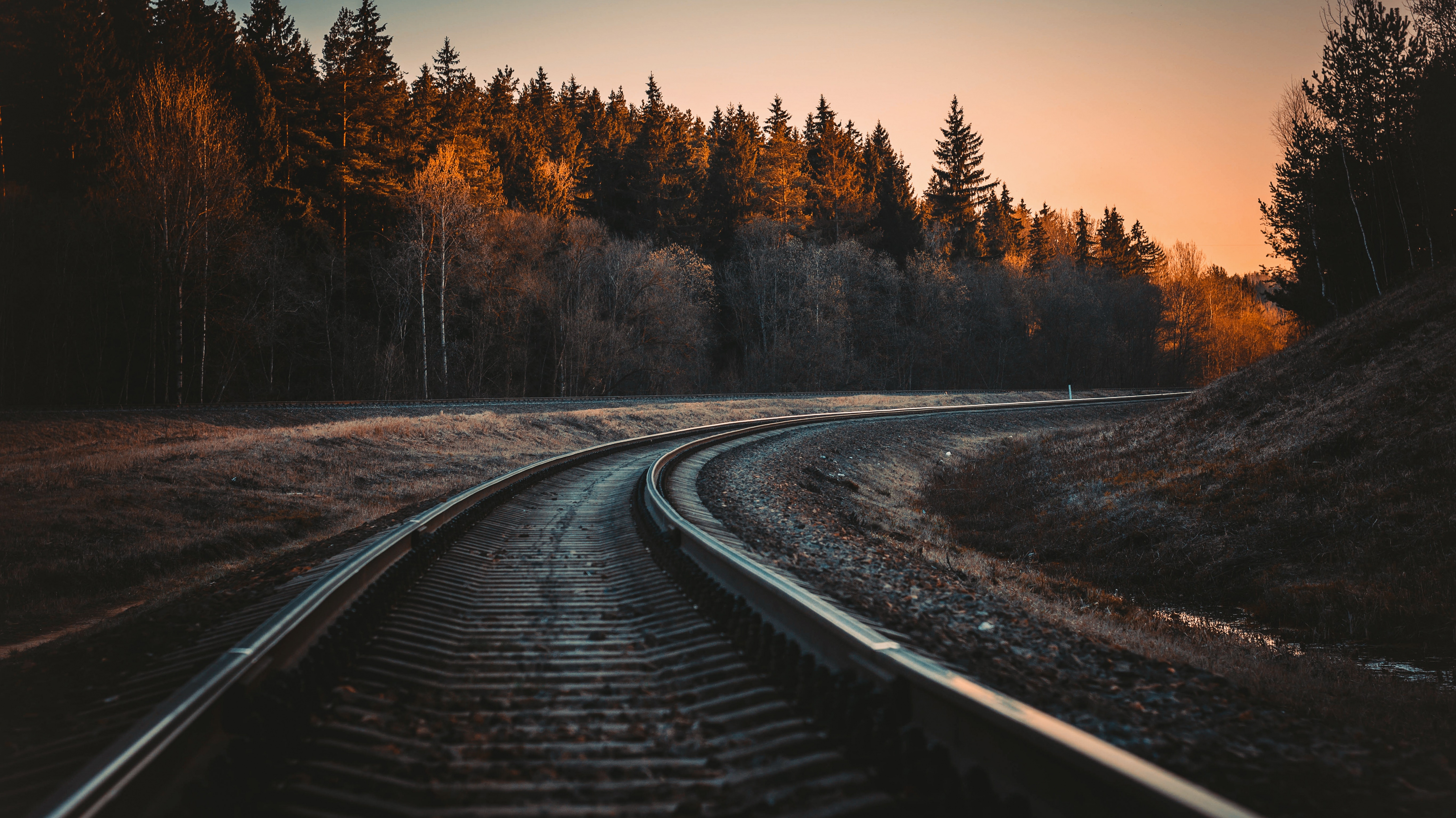 Railway track Wallpaper 4K, Trees, Golden hour, Dusk, Curve
