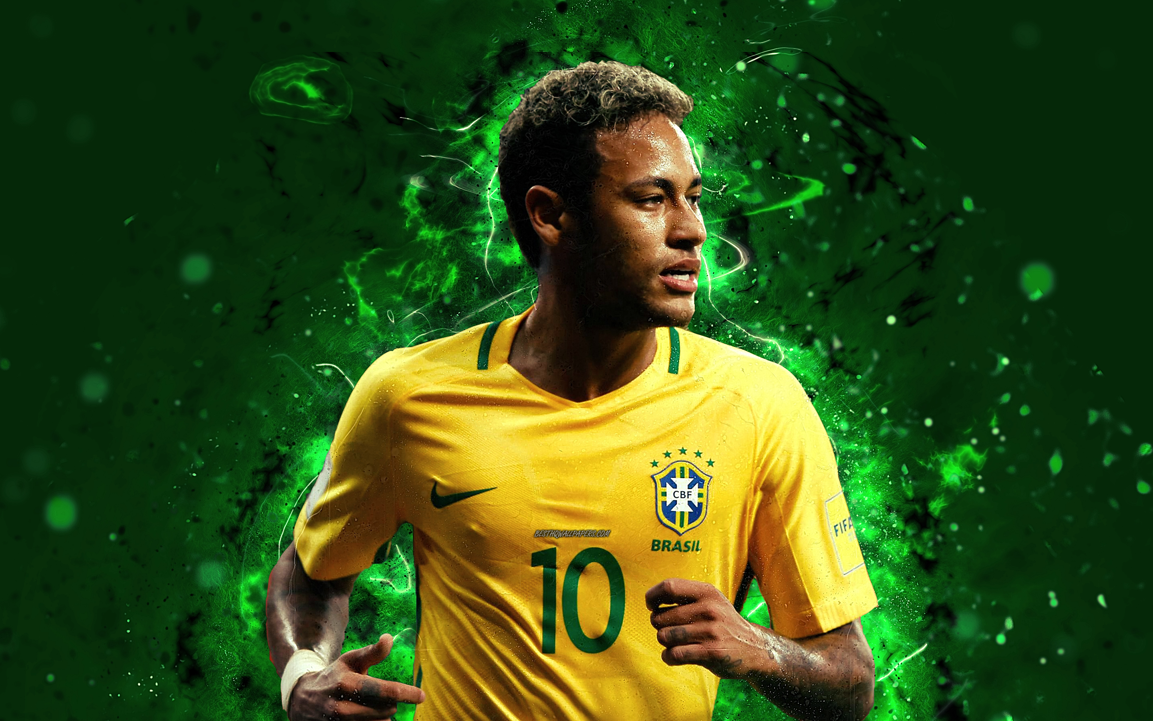 Download wallpaper 4k, Neymar, abstract art, Brazil National Team, fan art, Neymar Jr, soccer, footballers, neon lights, football stars, Brazilian football team for desktop with resolution 3840x2400. High Quality HD picture wallpaper