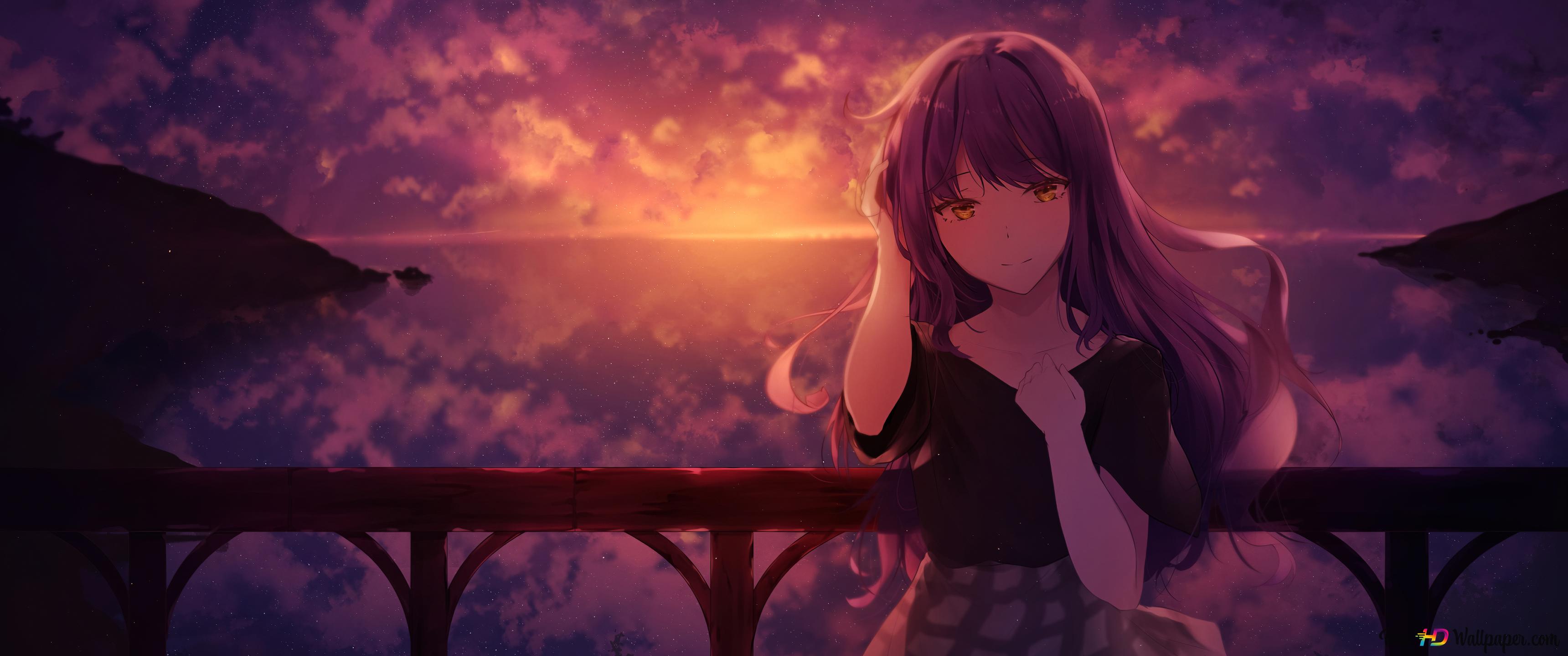 Alone girl & purple sunset background 4K wallpaper download