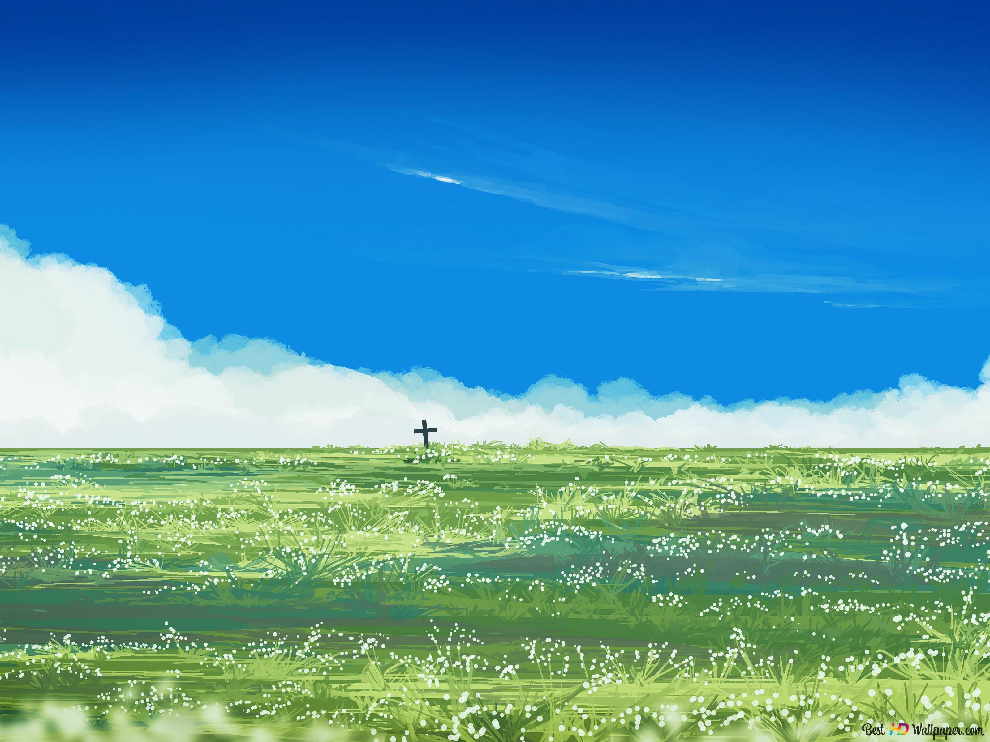 Anime field with a cross 4K wallpaper download
