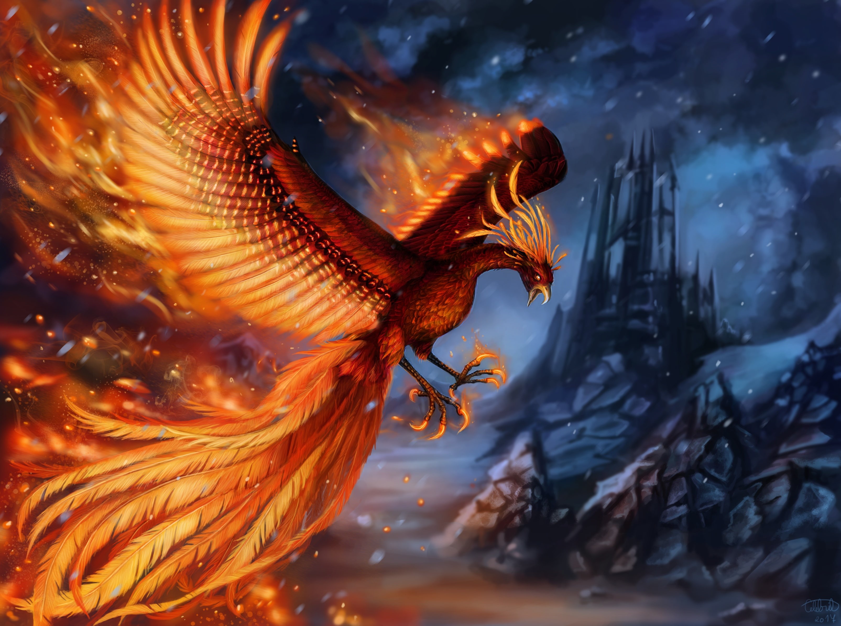 Wallpaper / bird, Phoenix, wings, rocks, fantasy, art, 2K, castle, flame free download