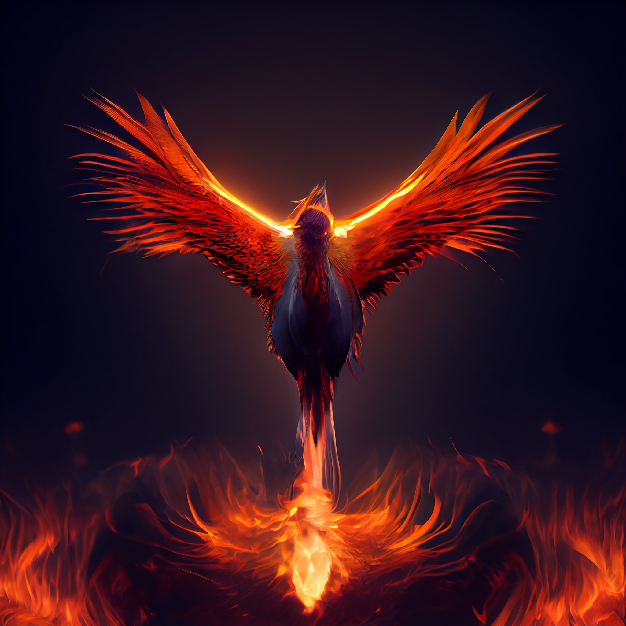 Midjourney prompt: Phoenix bird with spread wings above a