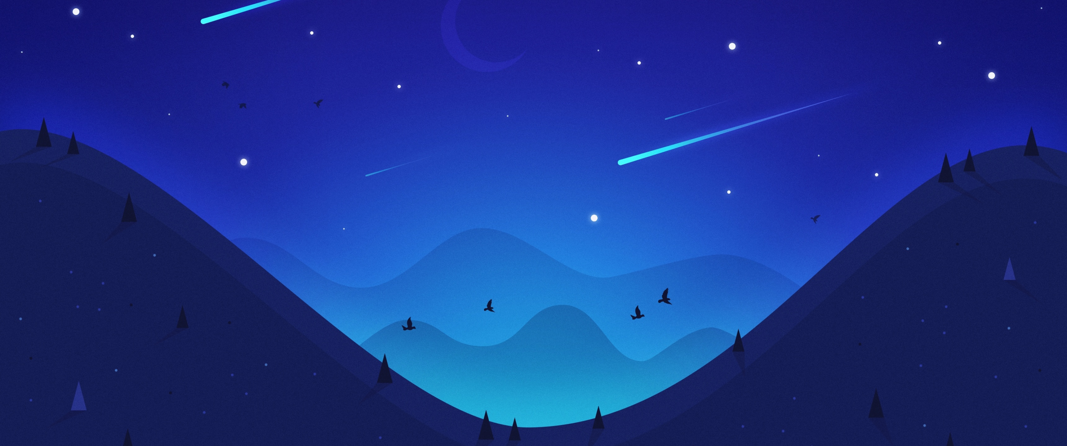 Landscape Wallpaper 4K, Night, Moon, Falling stars