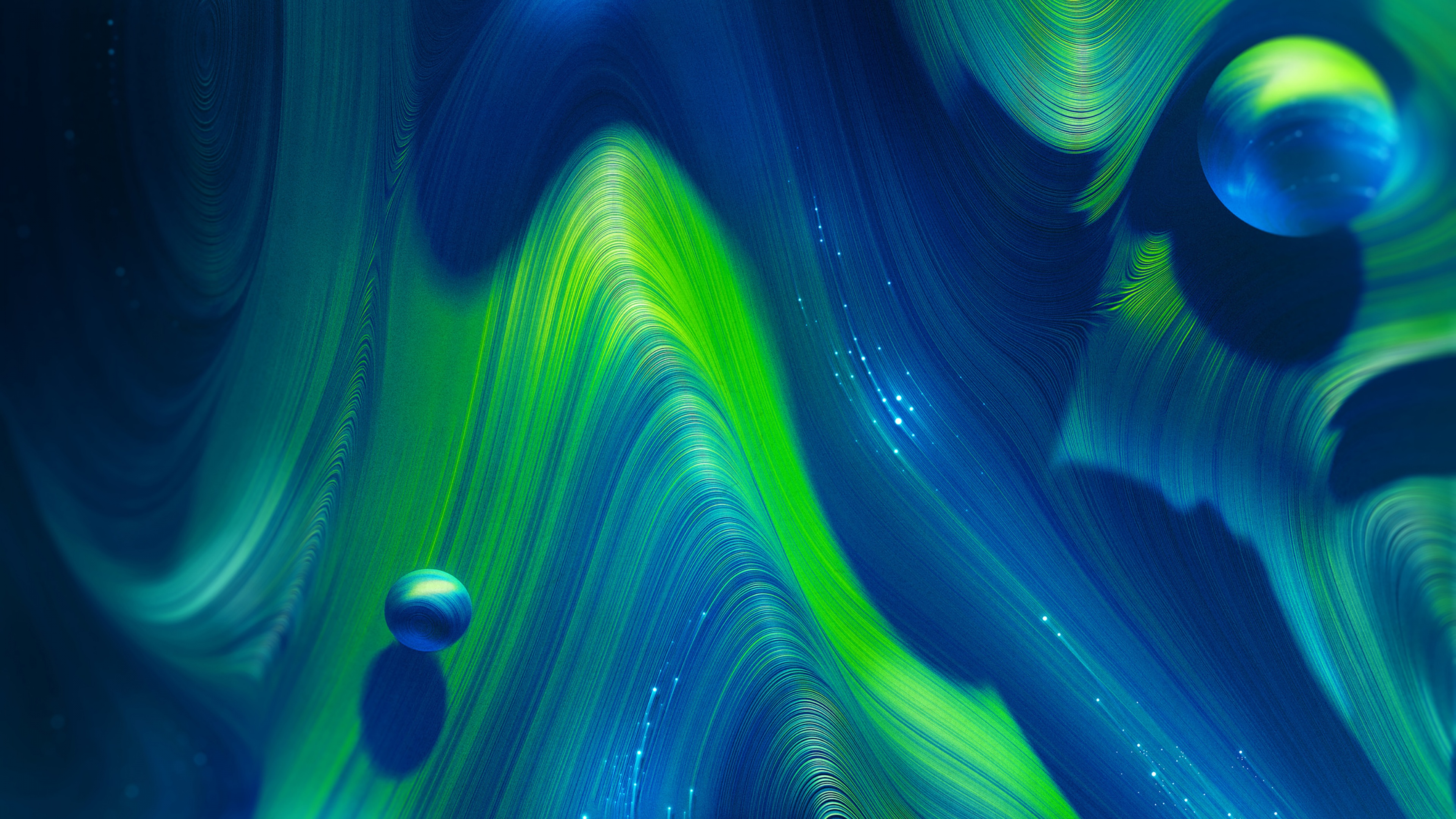 Neural Wallpaper 4K, Curves, Green, Blue, Spheres