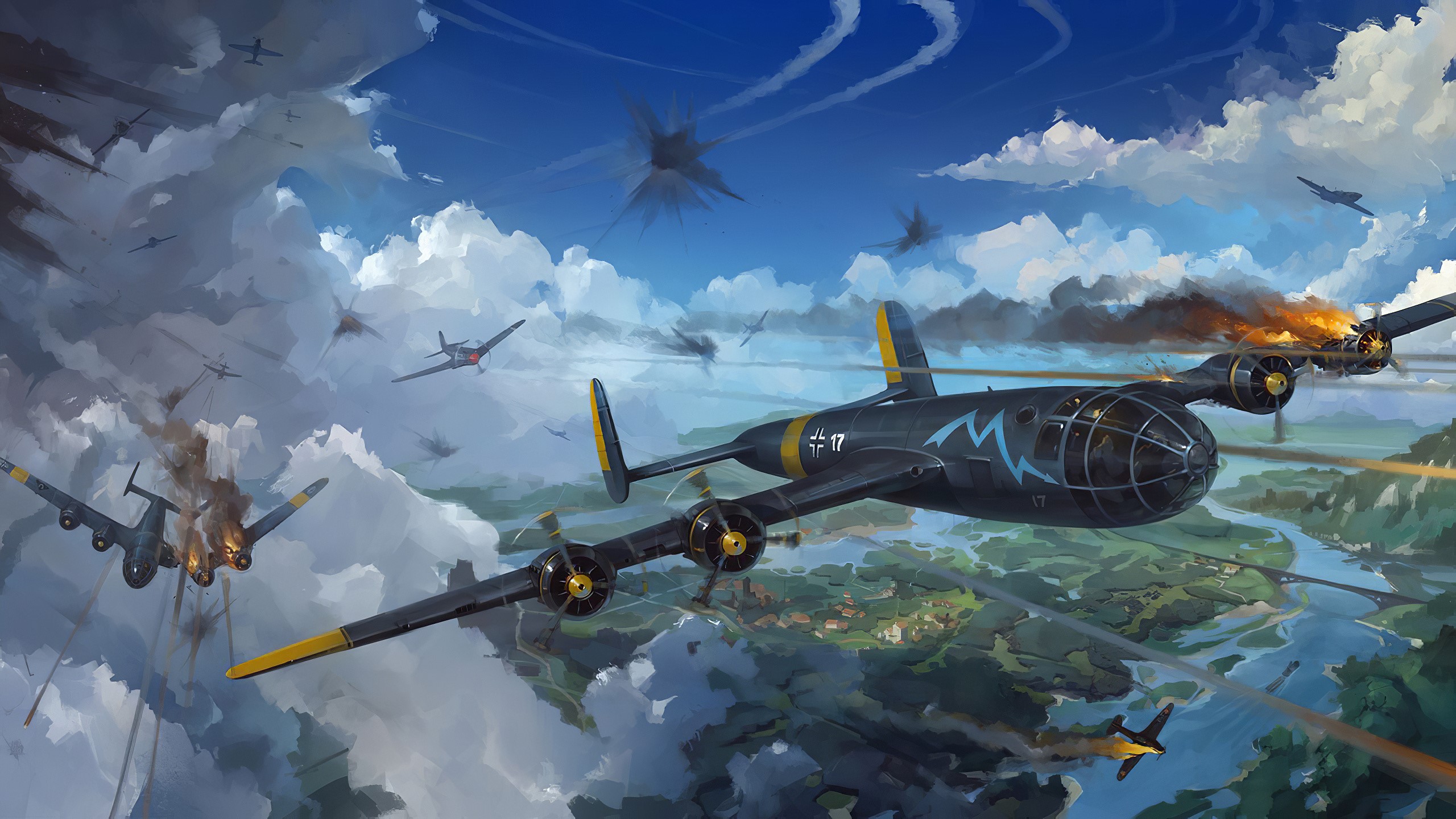 battle, digital art, aircraft, warplanes, vehicle, war, clouds, daylight, military aircraft, flying, military, World War II Gallery HD Wallpaper