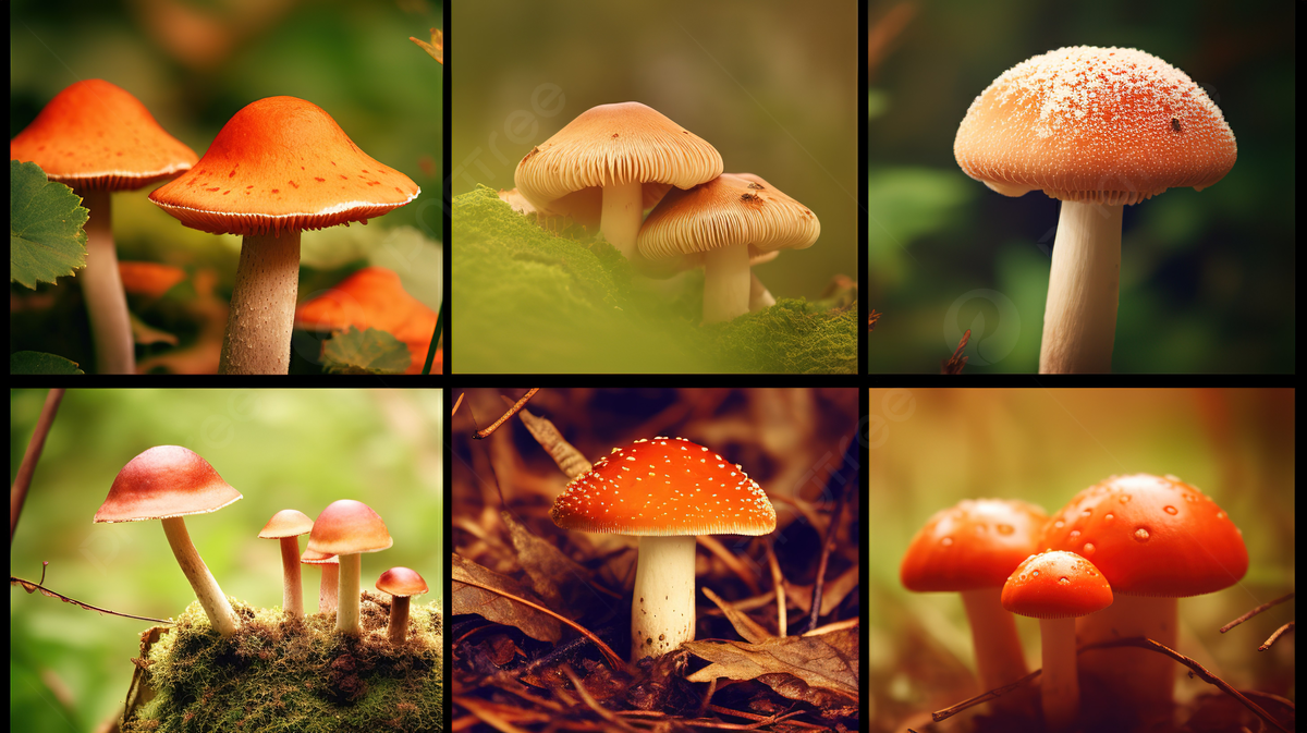 Six Photographs Shows Picture Of Mushroom Growing In The Woods Background, Mushrooms Picture Background Image And Wallpaper for Free Download