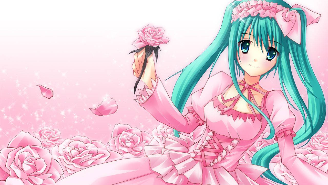 Download Kawaii Anime Hatsune Miku With Pink Dress And Roses Wallpaper