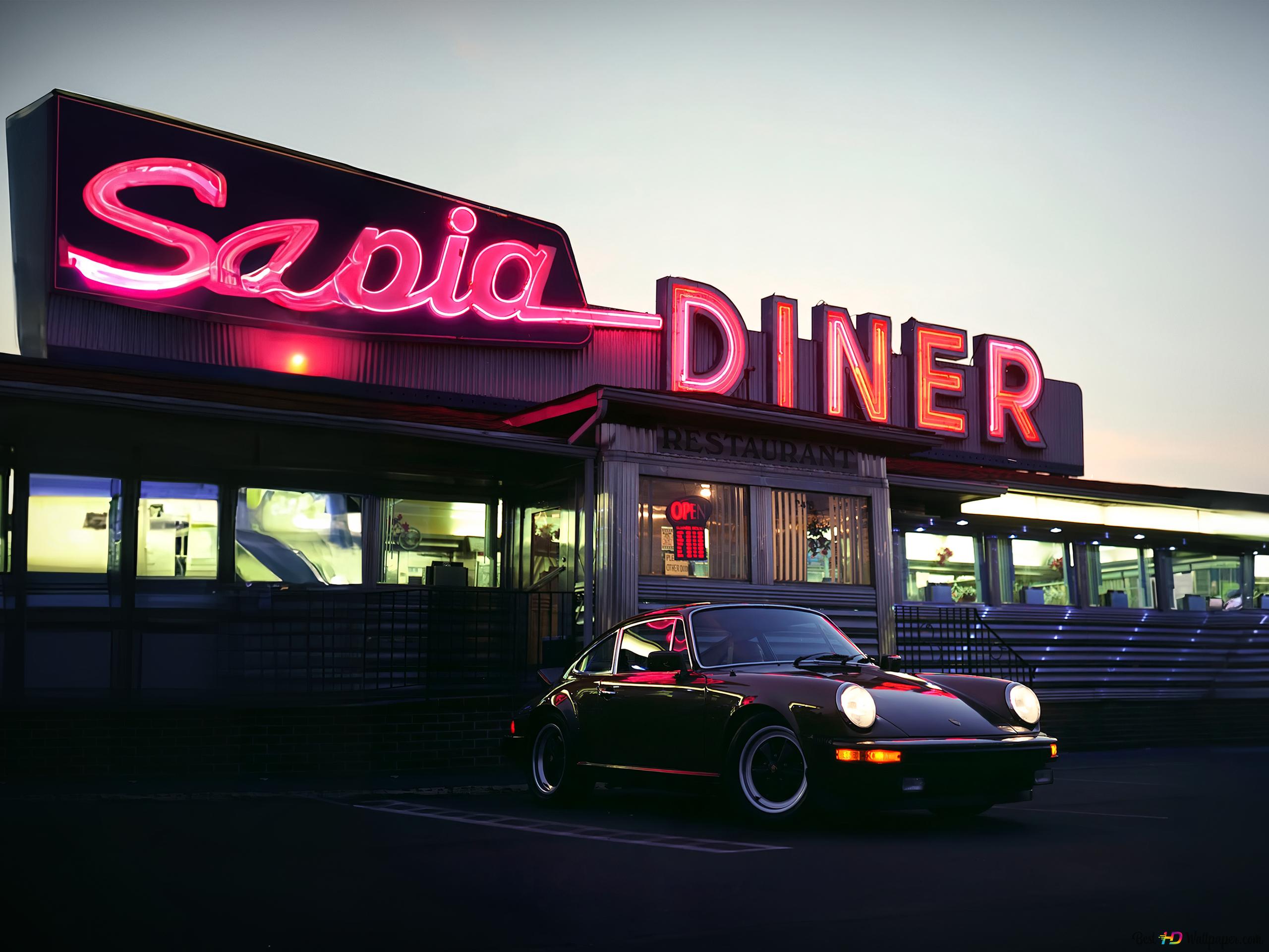 Black Porsche park in a retro Diner 4K wallpaper download