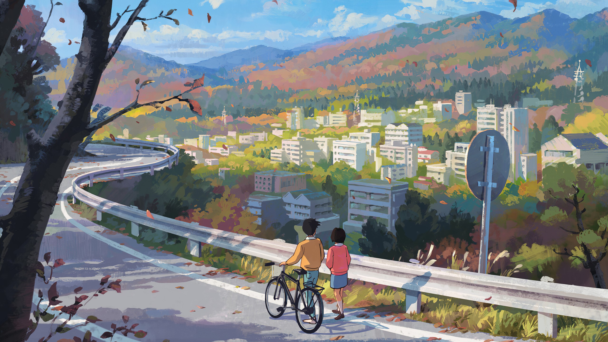 Wallpaper / digital art, anime, cartoon, city, road, bicycle, couple, people, mountains, road sign, walking free download