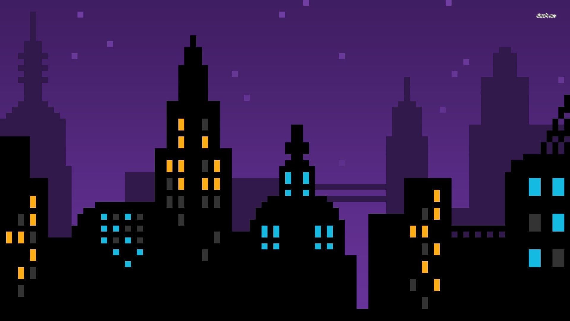 Wallpaper, black, illustration, city, cityscape, pixel art, purple, skyline, skyscraper, yellow, blue, pixels, horizon, 8 bit, vector art, metropolis, midnight, human settlement, geographical feature, font 1920x1080