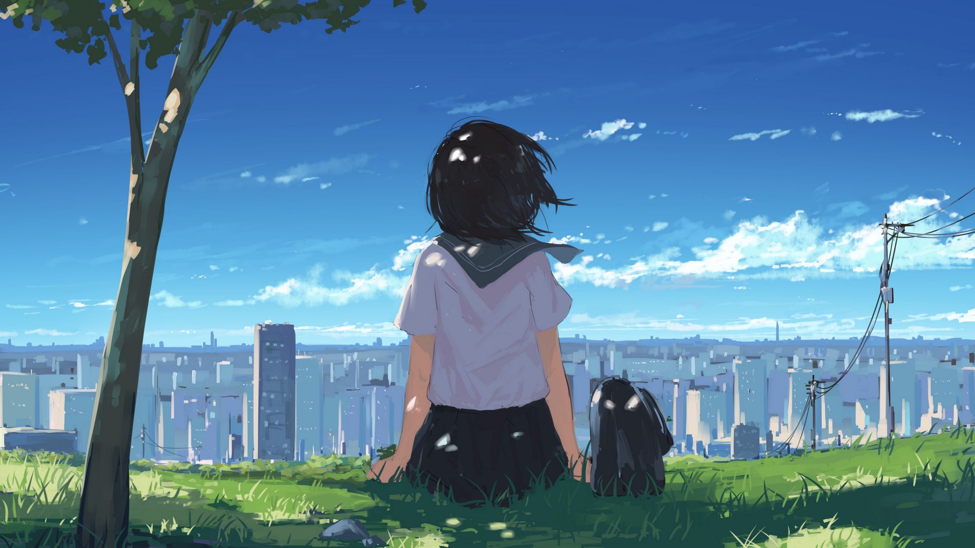 Download wallpaper 1920x1080 girl, grass, city, anime, art, cartoon full hd, hdtv, fhd, 1080p HD background