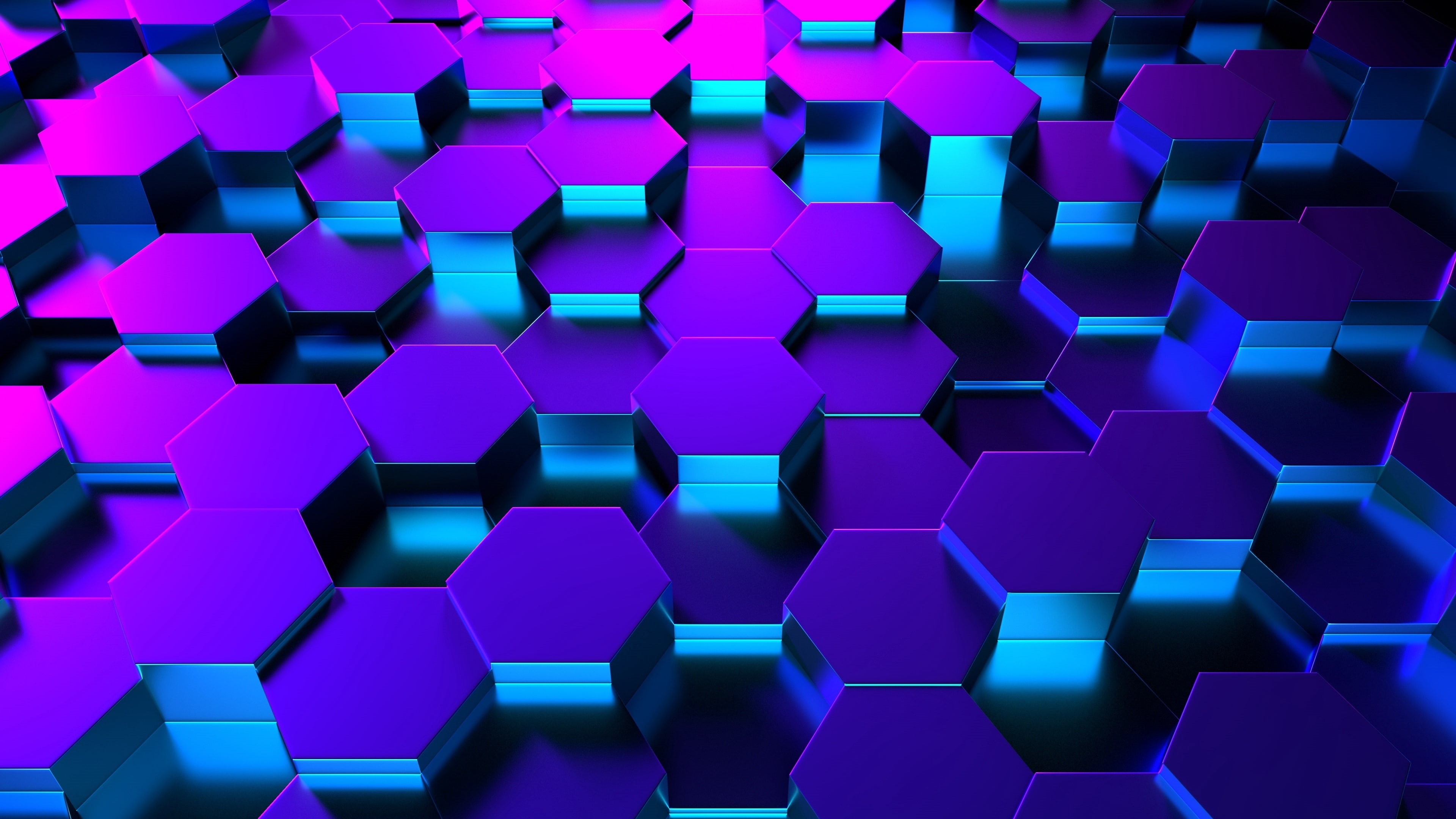 Wallpaper / 3D, light, digital art, hexagon, symmetry, purple, blue, violet, pattern, honeycomb, 4K, design free download