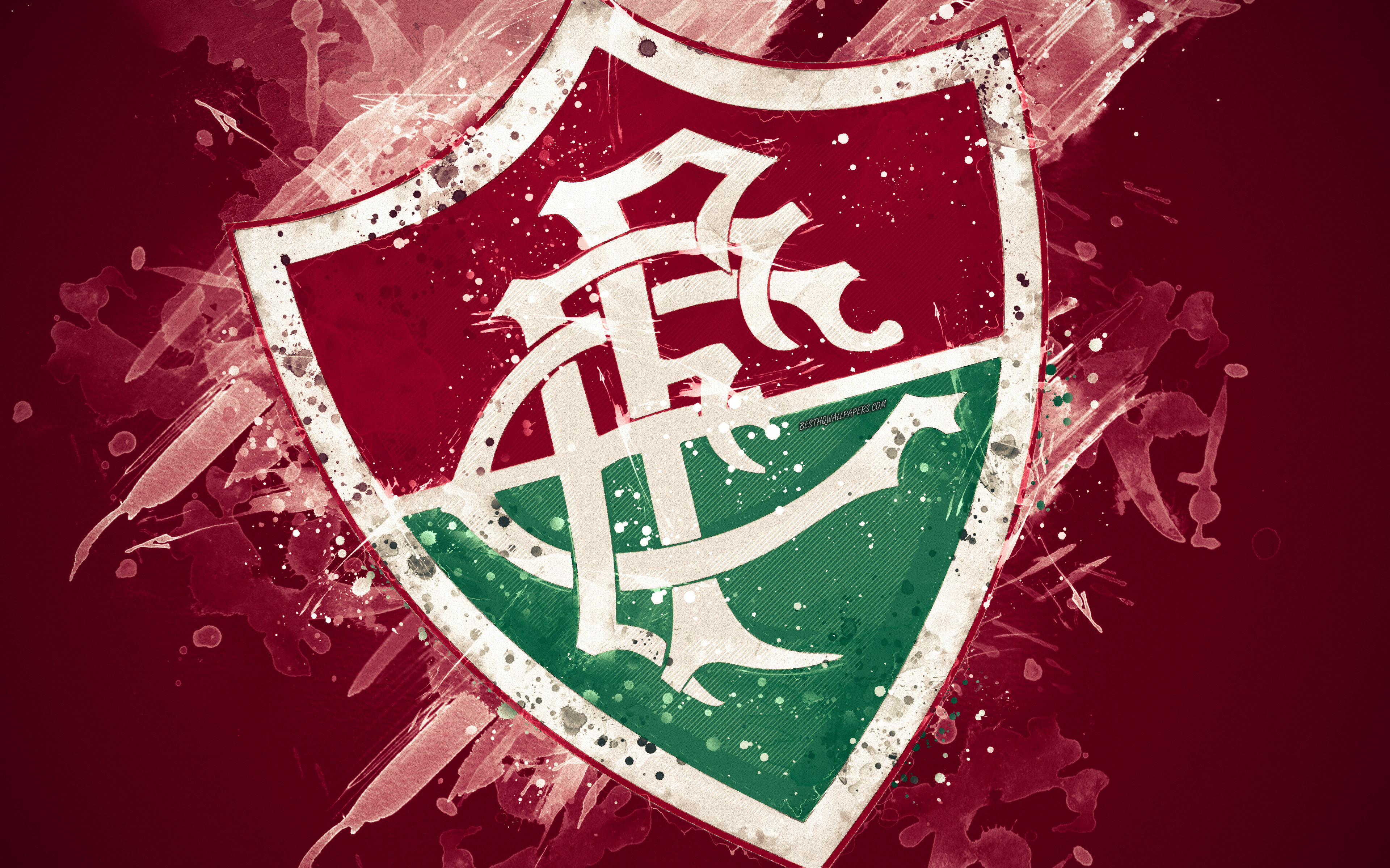 Download wallpaper Fluminense FC, 4k, paint art, logo, creative, Brazilian football team, Brazilian Serie A, emblem, burgundy background, grunge style, Rio de Janeiro, Brazil, football for desktop with resolution 3840x2400. High Quality