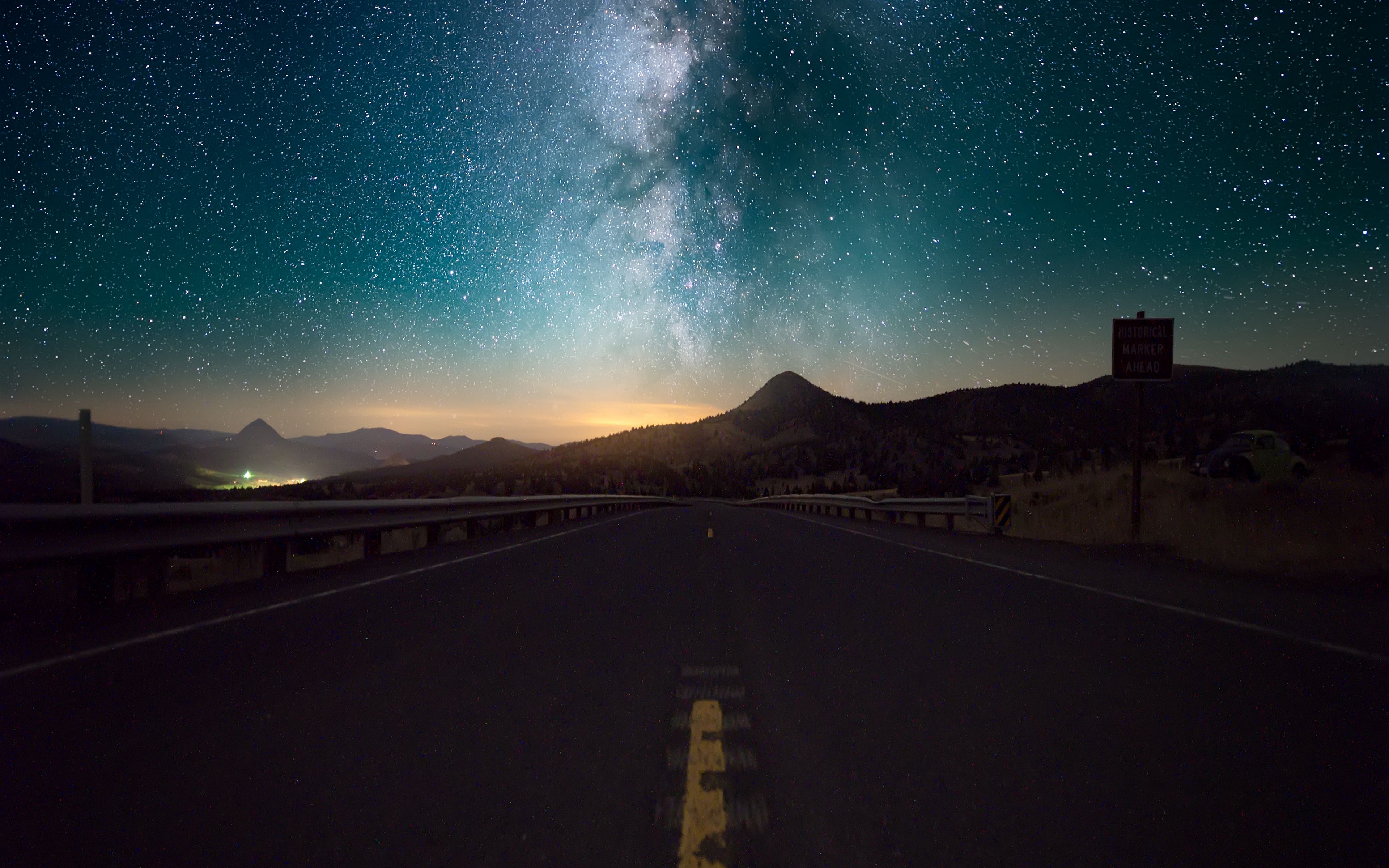 Download wallpaper 3840x2400 starry sky, horizon, night, road 4k ultra HD 16:10 HD background