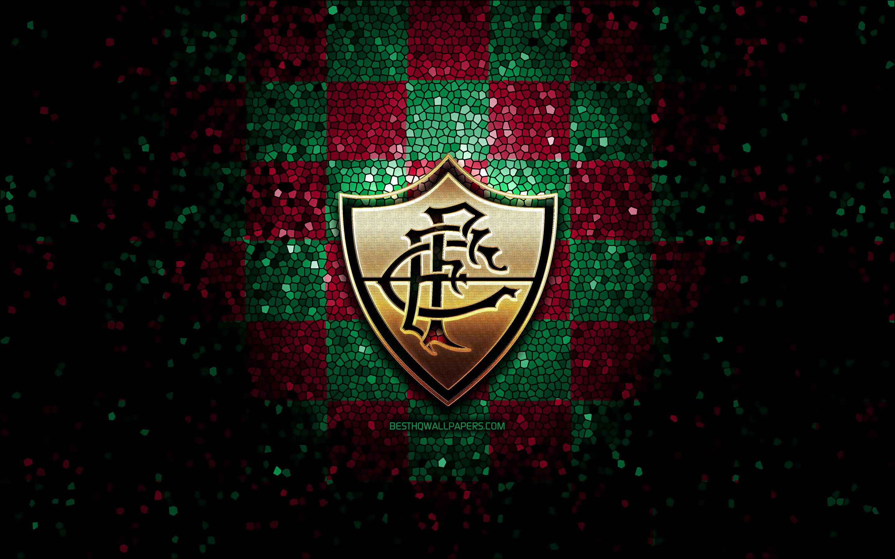 Download wallpaper Fluminense FC, glitter logo, Serie A, green purple checkered background, soccer, Fluminense, brazilian football club, Fluminense logo, mosaic art, football, Brazil for desktop with resolution 2880x1800. High Quality HD picture