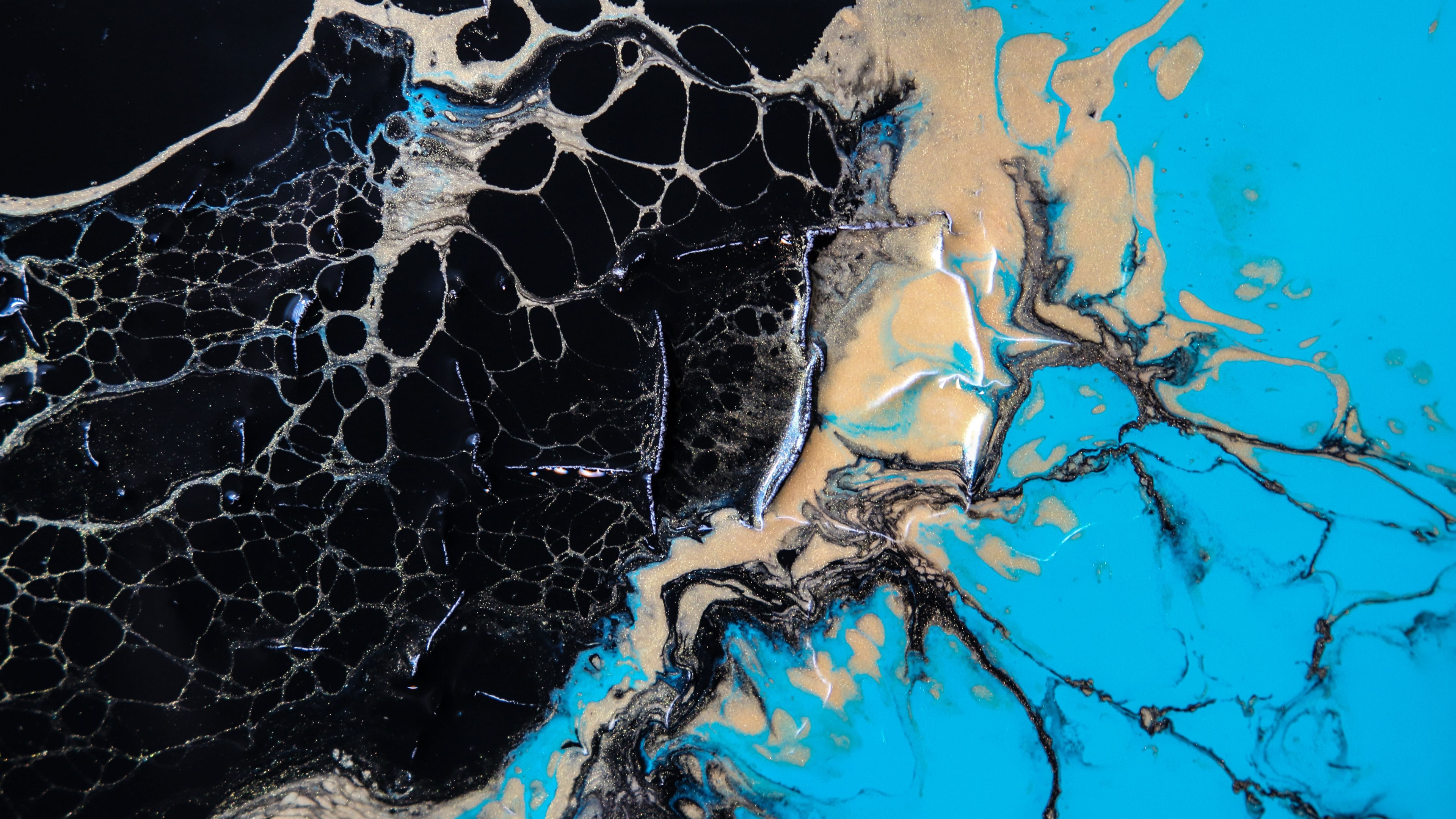Wallpaper / black silver gold and blue paint blending together in bellingham, abstract painting gold teal and black 4k wallpaper free download