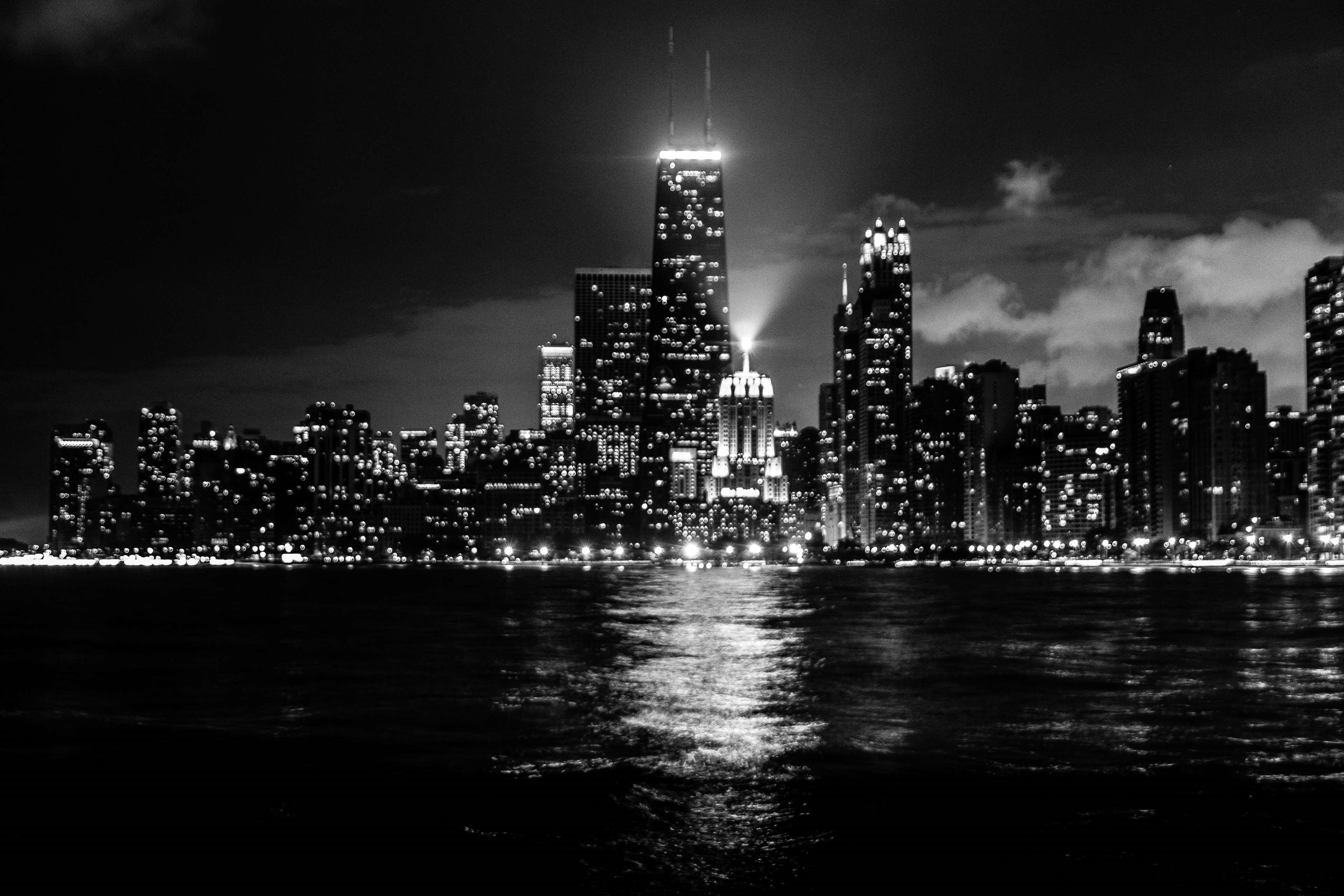 black and white, chicago, city, city lights, lake michigan, nighttime 4k Gallery HD Wallpaper