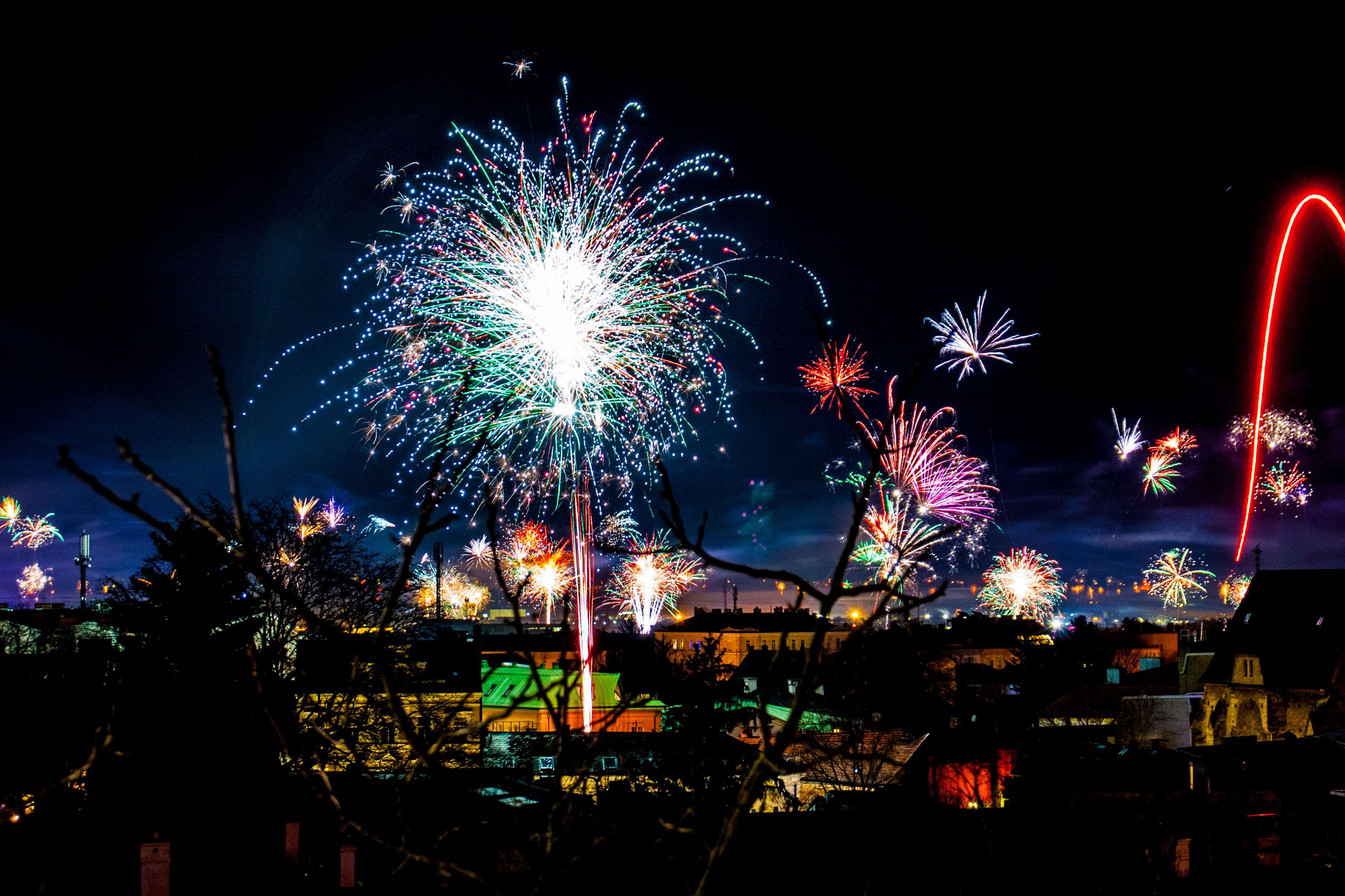 beautiful, bright, dark, fireworks, illuminated, lights, new year, new years eve, night, pyrotechnic 4k wallpaper