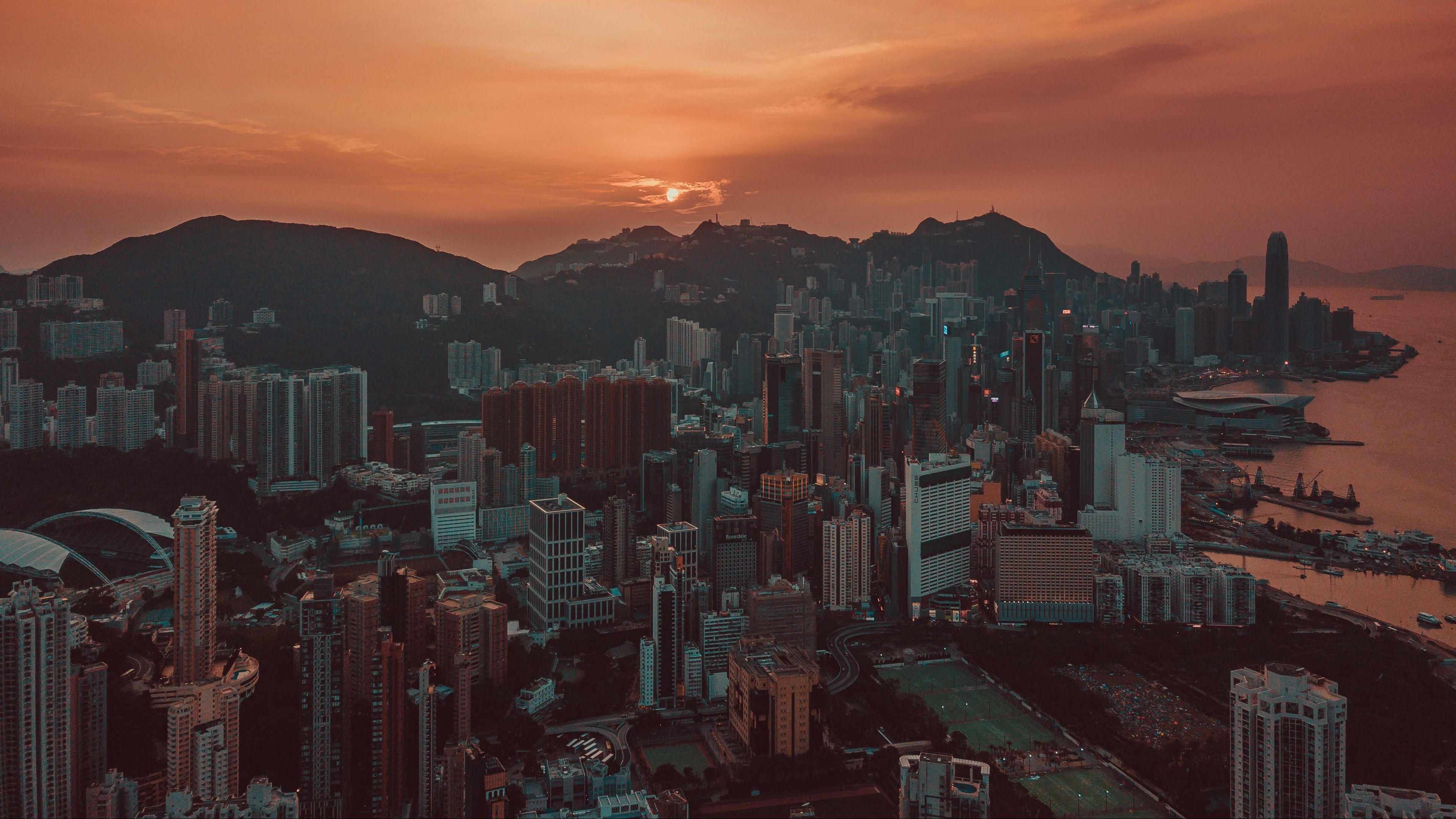 Wallpaper / city, sunset, aerial view, skyscrapers, sky, hong kong, 4k free download