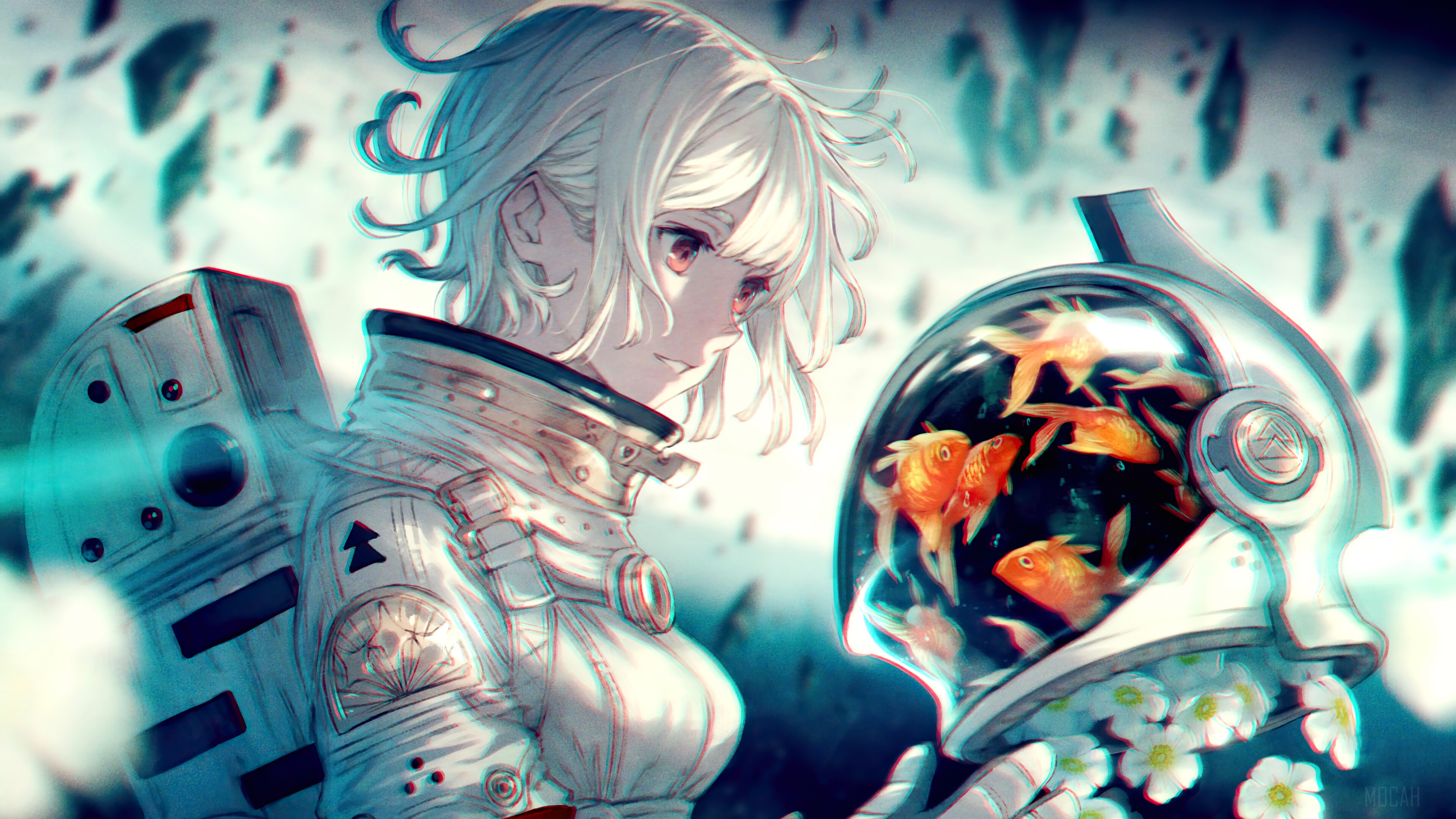 Anime, Girls, Astronaut, Goldfish 4k Gallery HD Wallpaper