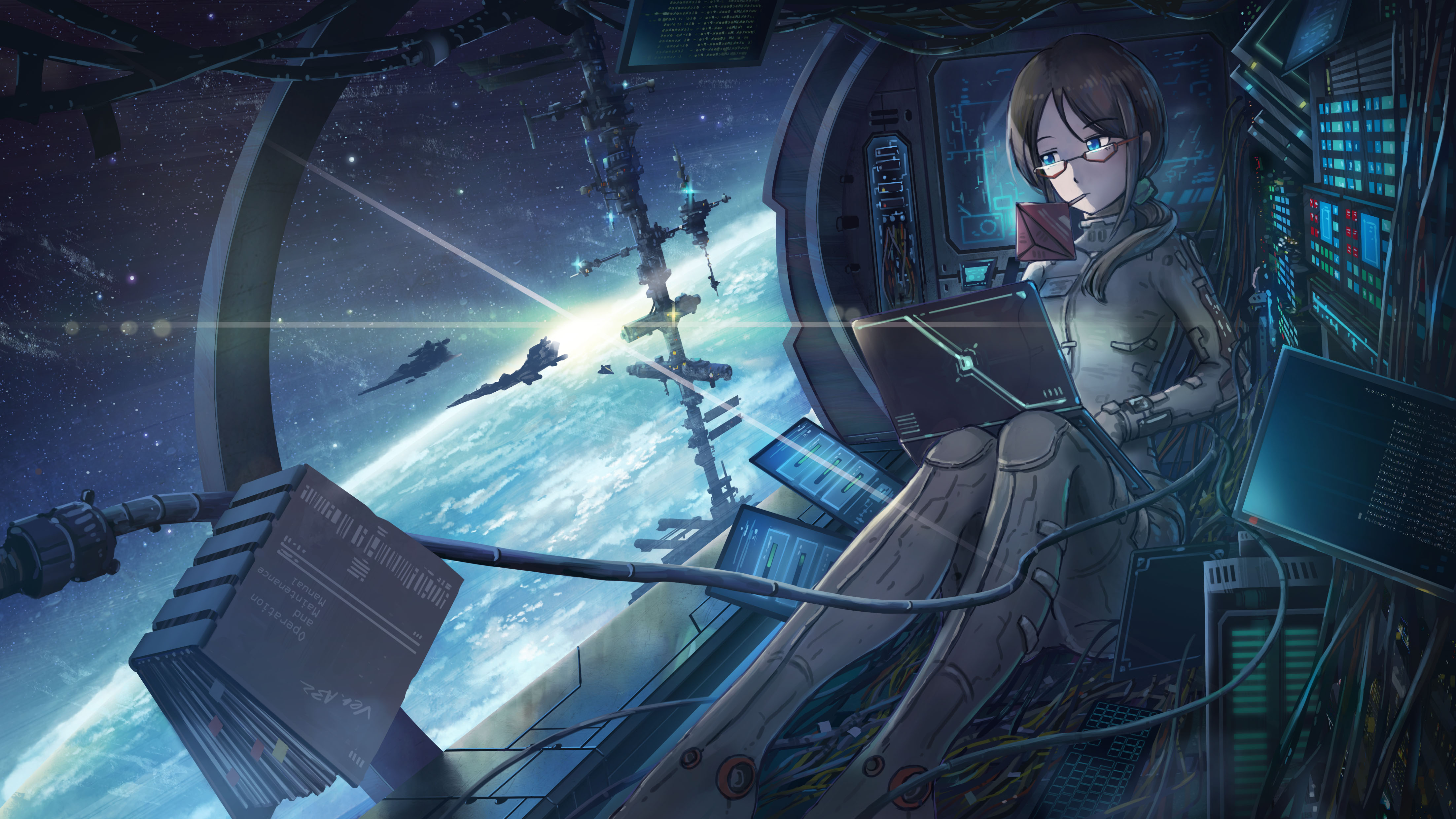 Wallpaper, anime girls, astronaut, Earth, space shuttle 4409x2480